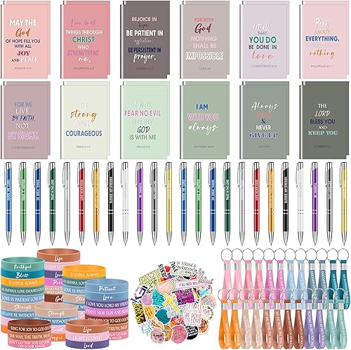 El juego de 146 regalos cristianos a granel incluye 24 versículos de la Biblia, 24 cuadernos de la Biblia, 24 pulseras con citas de las Escrituras,