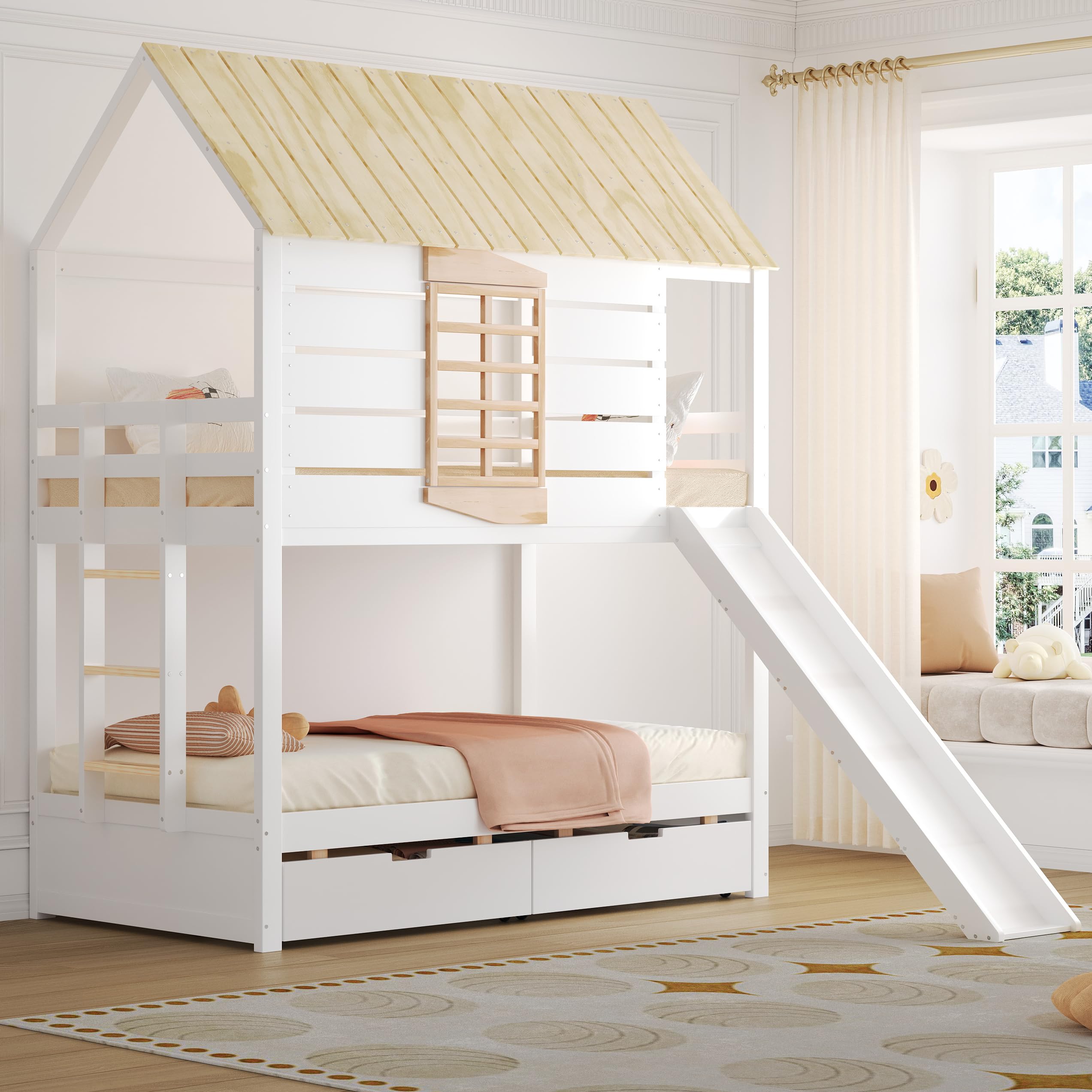Letto a soppalco basso con scivolo, letto a soppalco con scivolo, 90x200 letto singolo con 2 cassetti, scala e protezione dalle cadute, senza materasso (bianco+naturale)