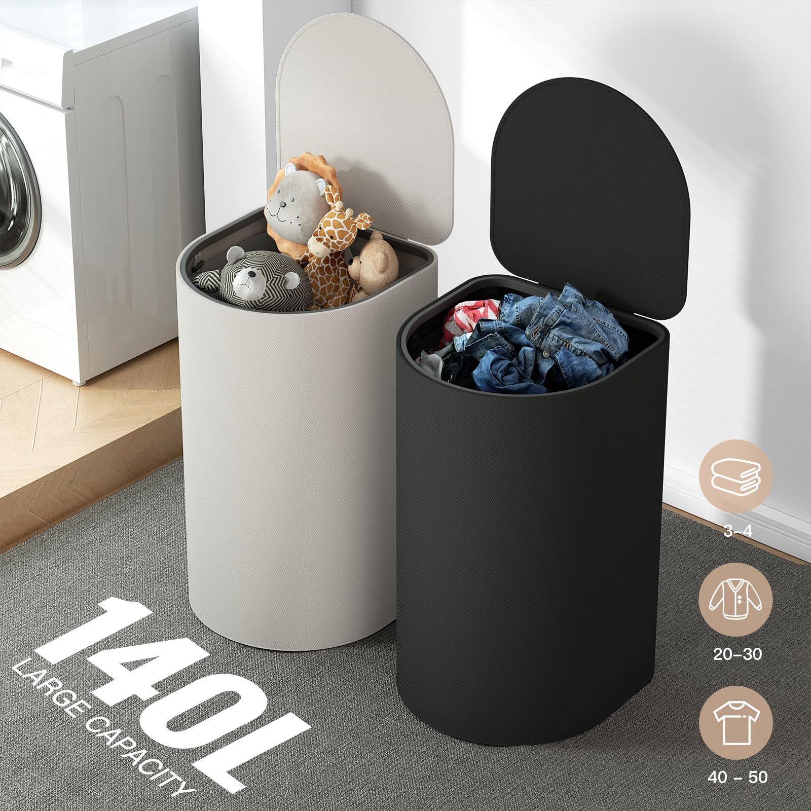 Juego de 2 cestas para la ropa sucia con tapa, 140 L, gran capacidad, con 2 compartimentos para clasificar la ropa sucia, 4 bolsas interiores extraíbles, cestas para Laundry y fácil de