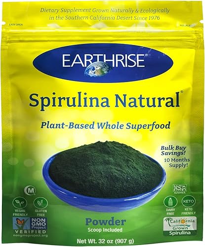 Earthrise Spirulina Polvo natural de 32 onzas, espirulina natural premium de California, vegano, sin gluten, apto para ceto, sin OMG, súper alimento