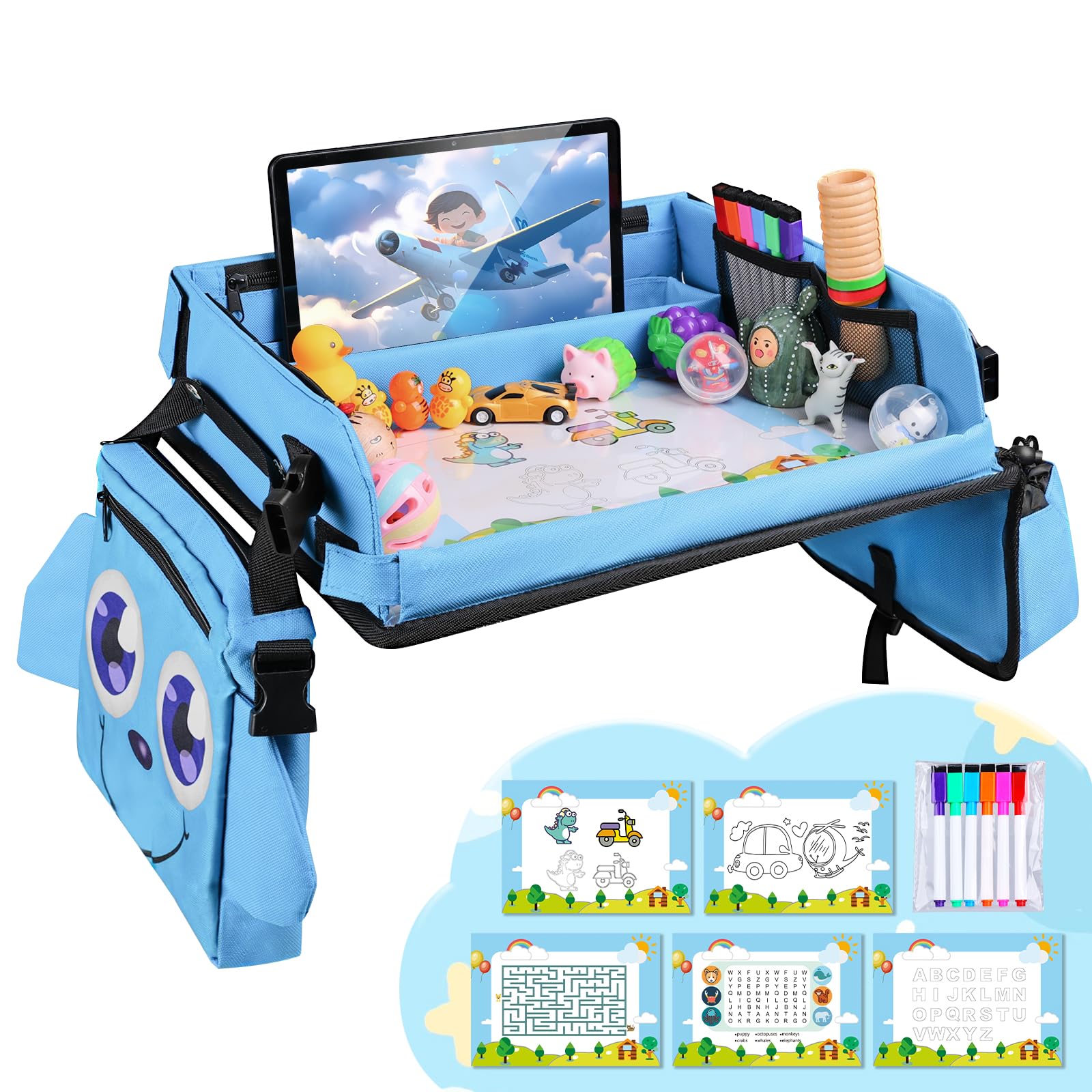 Bandeja de Mesa para Niños Mesa Coche Niños Plegable con Tablero Impermeable del Acolchado Suave Bandeja de Viaje Niños Bandeja de Regazo para Coche/Avión/Mesa de Bebé