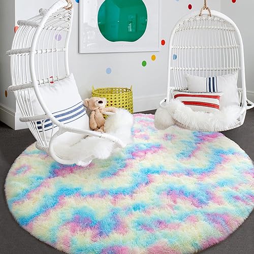Miniatura 3 de junovo Alfombras redondas suaves de arco iris para habitación de niñas, alfombras circulares coloridas y esponjosas para dormitorio de niños, bonita