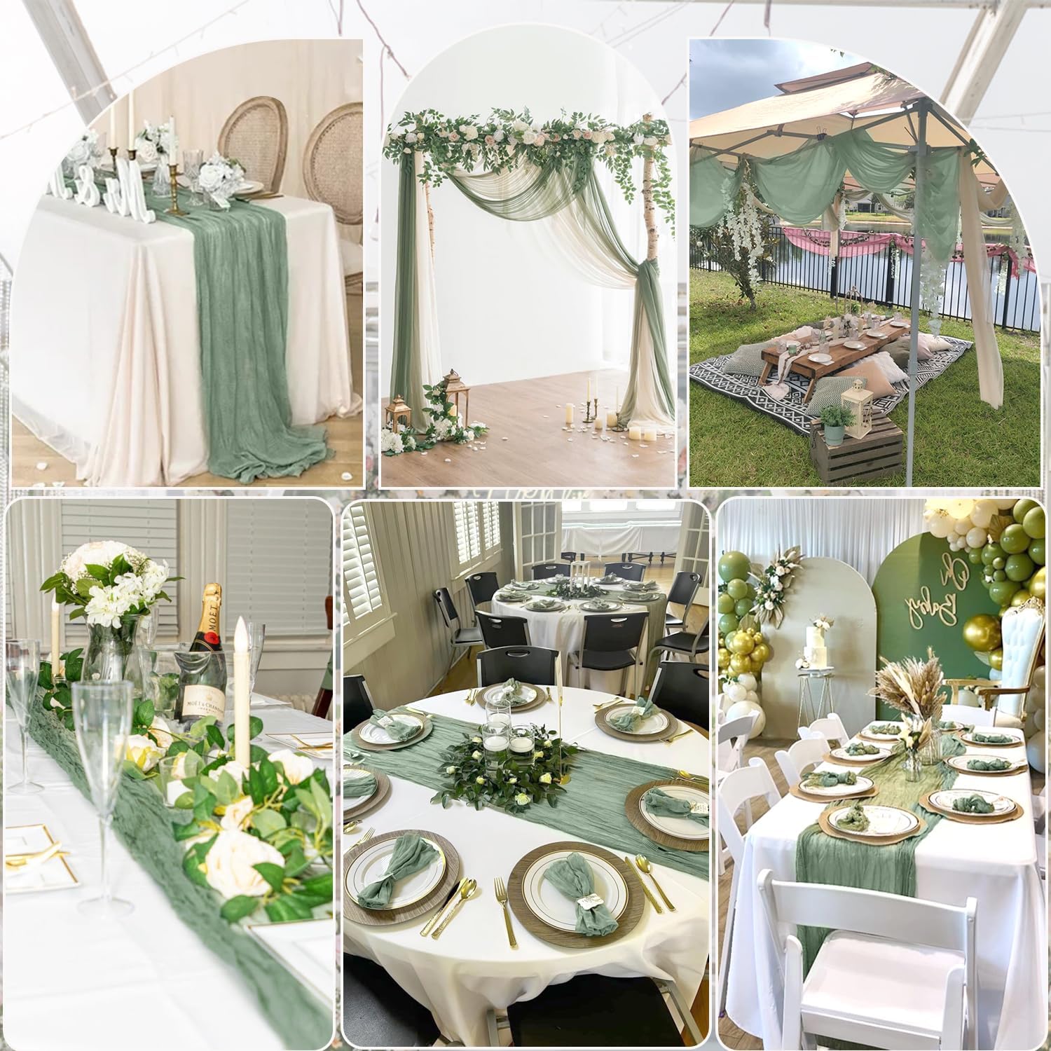 6 Pack Sage Green Cheesecloth Table Runners, Easter Spring 10FT Boho Green Gauze Table Runner 120 Inch Long for Wedding Baby Shower Birthday Party St. Patrick's Day Decoration
