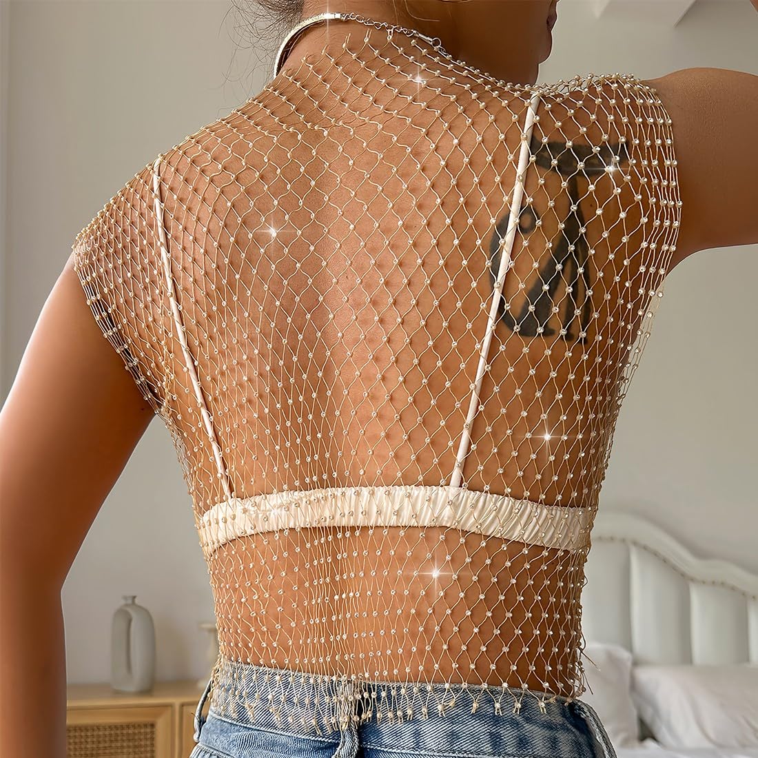 Rhinestone brillante malla cuerpo cadena tops para mujeres brillante bikini crop top para discoteca fiesta festival(Blanco, M)