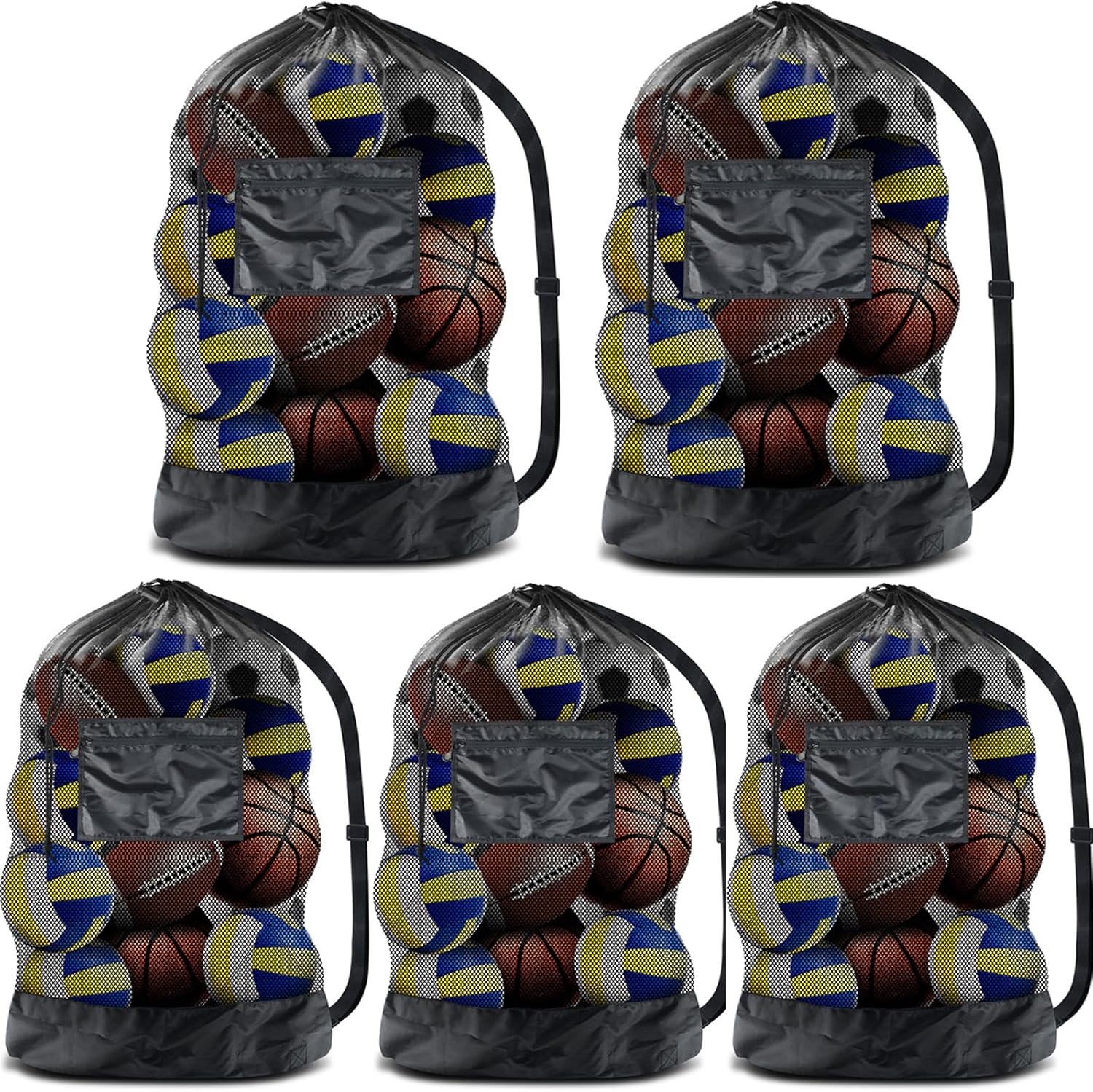 BROTOU Extra Large Sports Ball Bag Mesh, 5PCS Soccer Ball Bag Heavy Duty Drawstring Bags, Team Work for Holding Basketball, Volleyball, Baseball, Swimming Gear with Shoulder Strap
