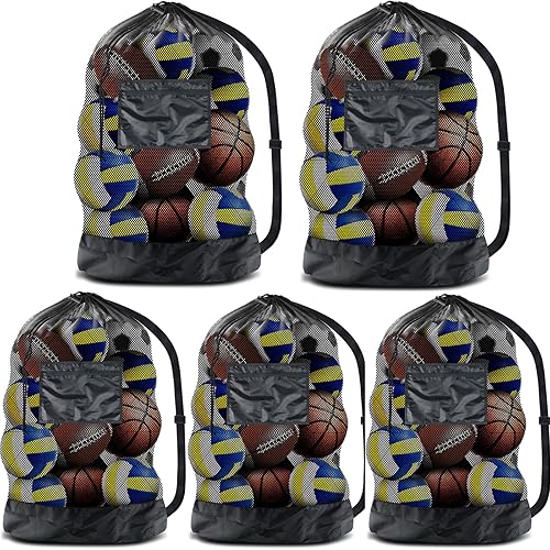 BROTOU Bolsa de malla para pelota deportiva extragrande, 5 unidades, con correa de hombro ajustable, bolsas de cordón de alta resistencia, bolsas de