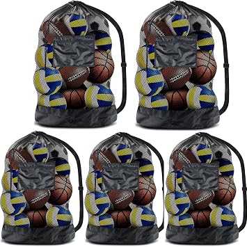 BROTOU Extra Large Sports Ball Bag Mesh, 5PCS Soccer Ball Bag Heavy Duty Drawstring Bags, Team Work for Holding Basketball, Volleyball, Baseball, Swimming Gear with Shoulder Strap