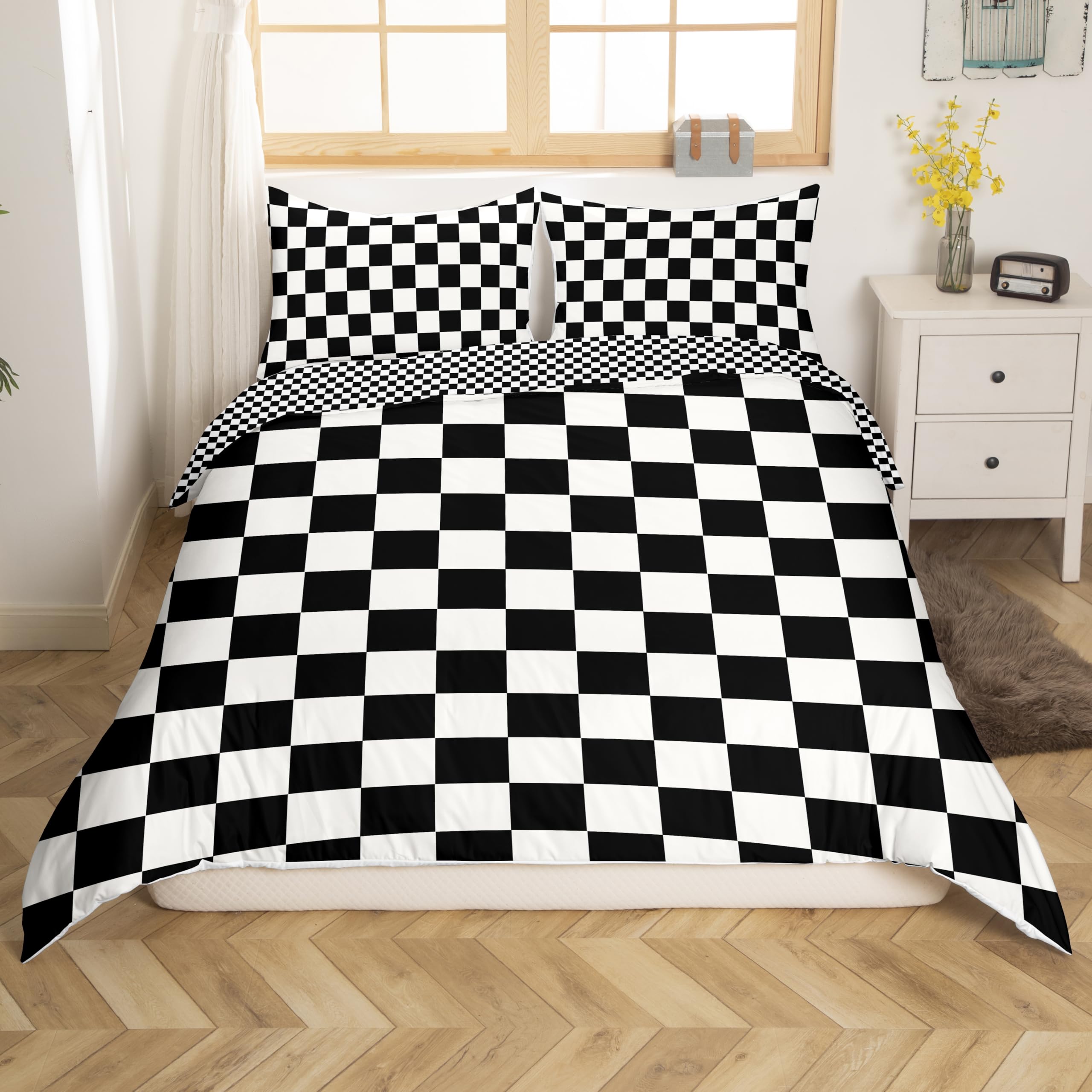 Loussiesd Girls Dcs031lyp-3 Buffalo Check Bedding Set Modern Black White Plaid Duvet Cover Single For Kids Women Men Soft Reversible Geometric Gingham Comforter Cover Farmhouse Nordic Grid Pattern Bedroom Decor Bedspread