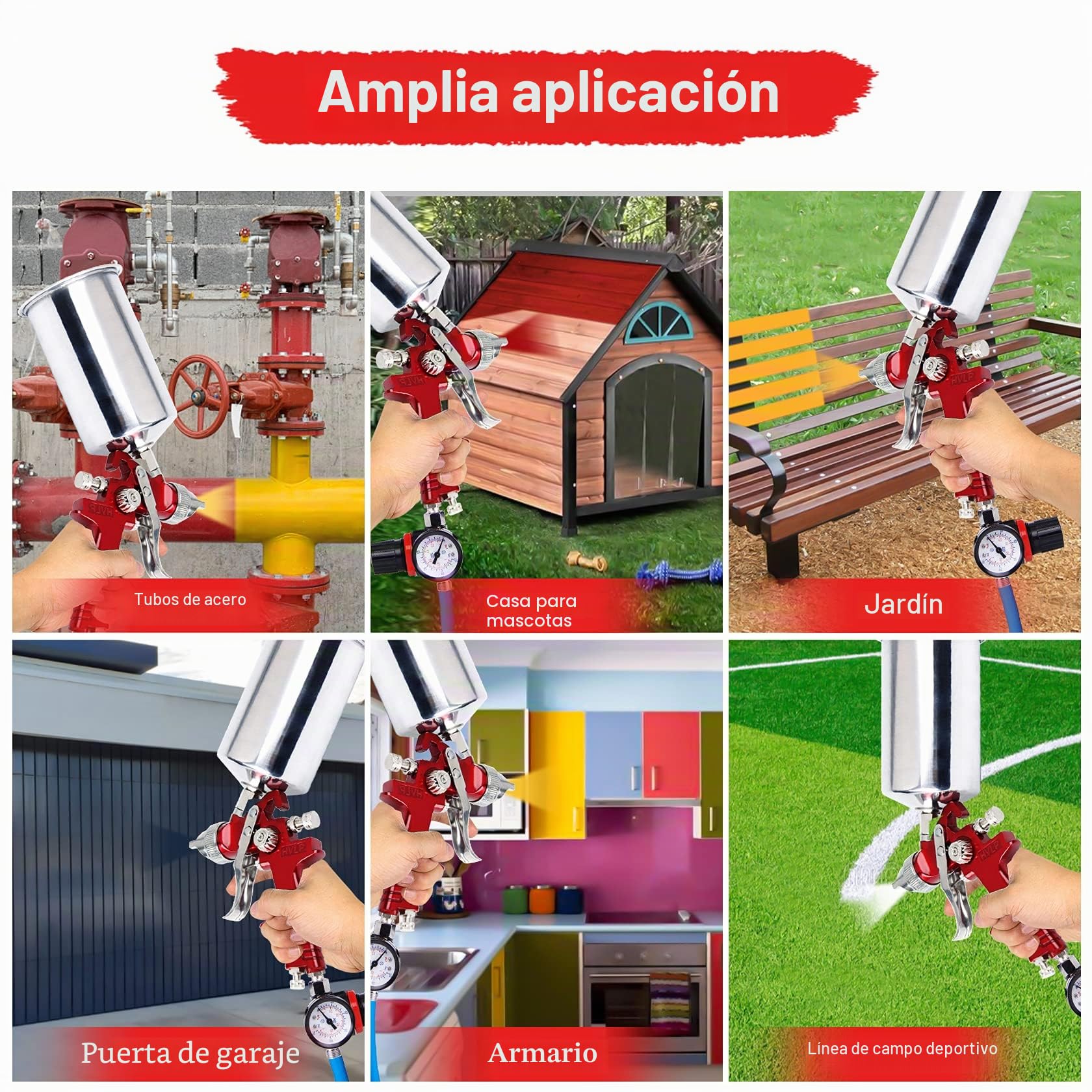 Pindex HVLP Pistola pulverizadora de Aire de alimentación por Gravedad: pulverizador de Pintura con Taza de Aluminio de 1000 CC | 3 boquillas para reparación de Coches, Pintura de Valla (Rojo)