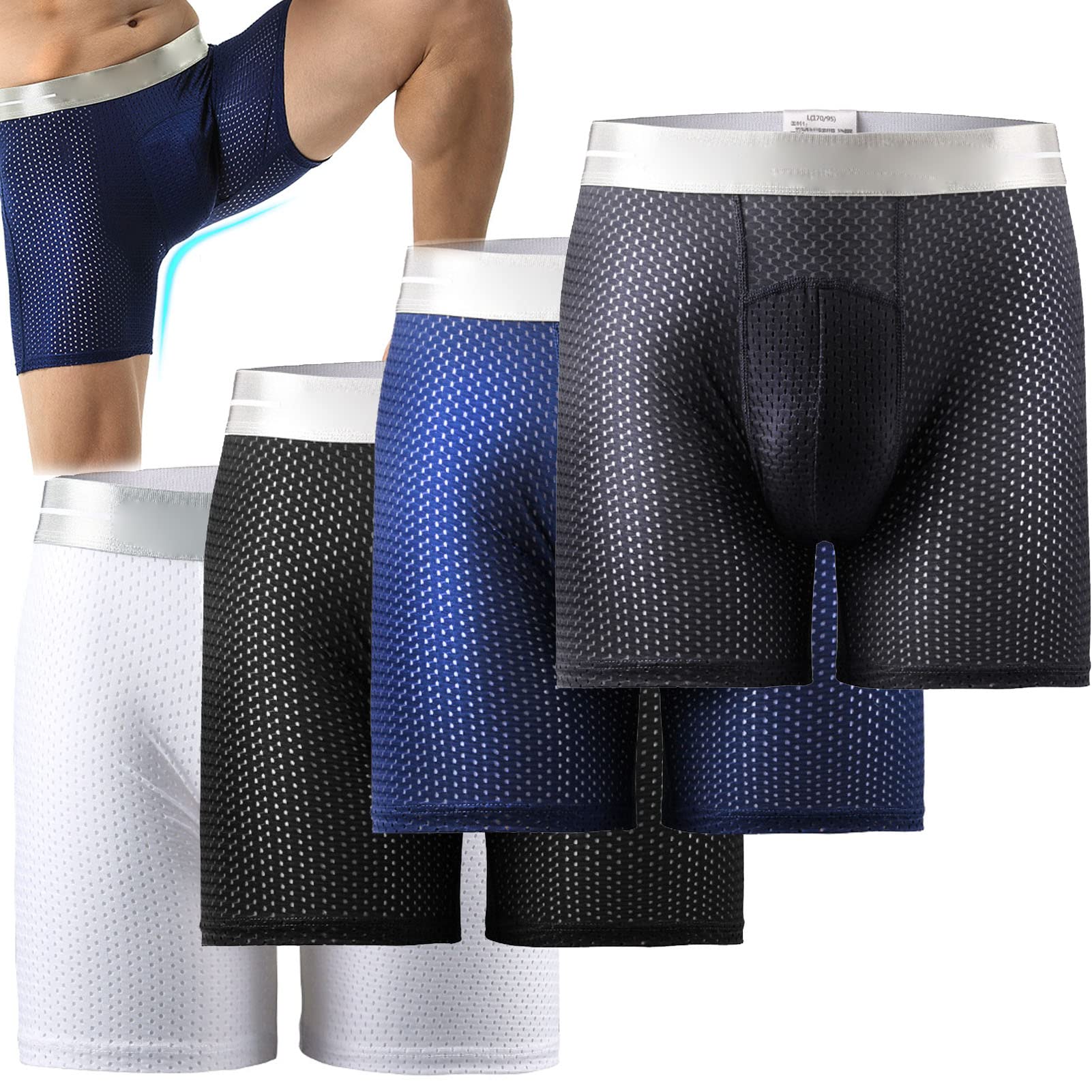HSFM 4PCS Men Ice Silk Mesh Underpants for Men, Breathable Athletic Sports Boxer Briefs for Men 3D Pouch