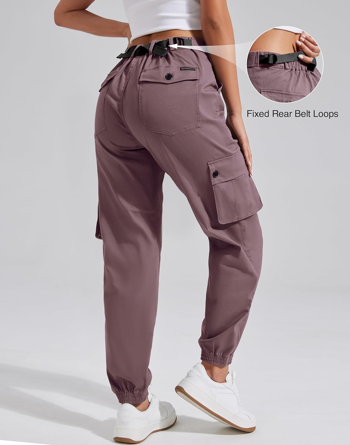 Pioneer Camp Women's Stretchy Cargo Pants with Pockets High-Rise Casual Hiking Cotton Joggers Adjustable Waistband with Belt - Image 3