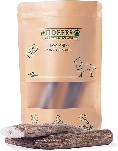 Wildeers Cuernos de alce para perros medianos, paquete de 2, masticables enteros para perros, tratamiento estimulante de la mente, desprendimiento