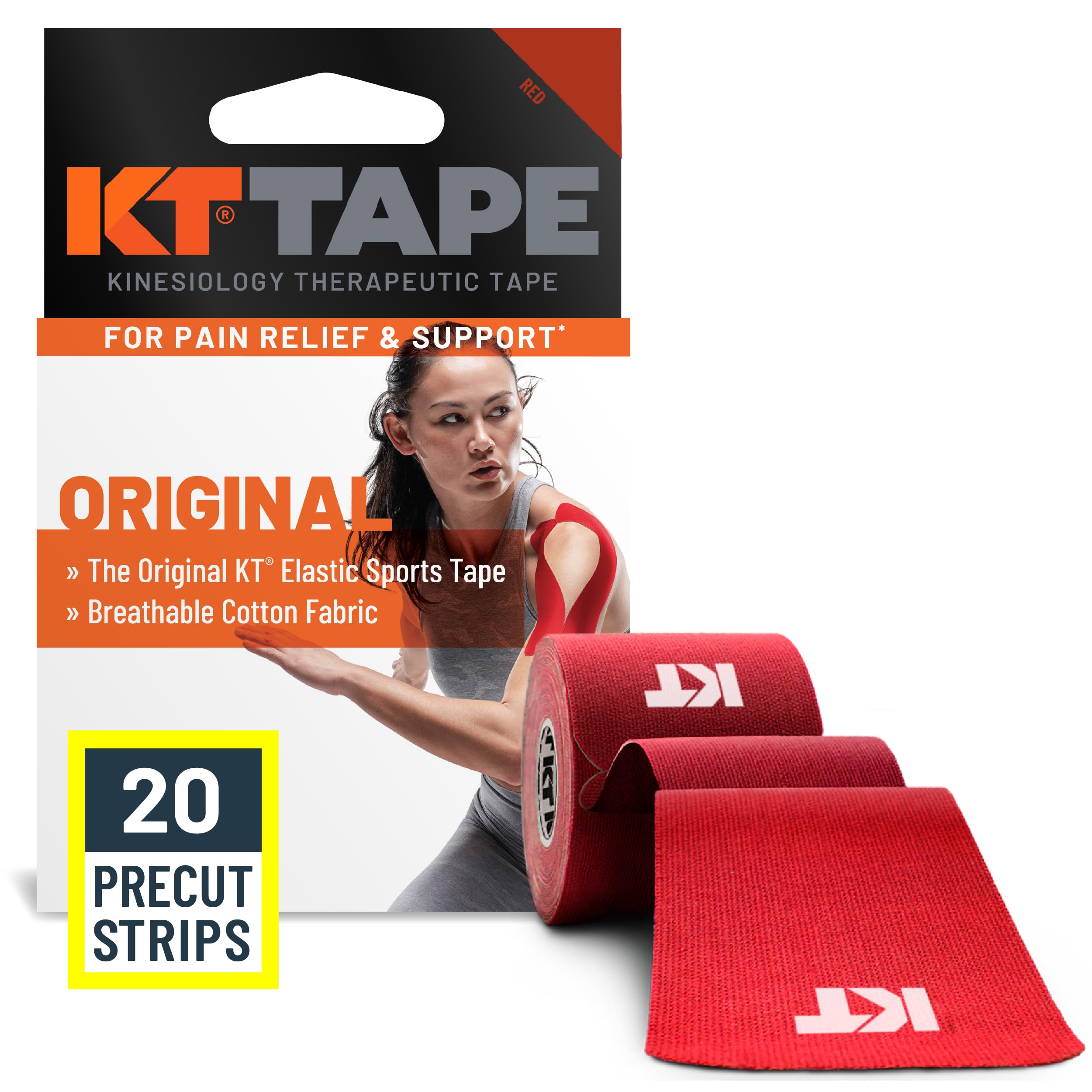 KT Tape, Original Cotton, Elastic Kinesiology Athletic Tape, 20 Count, 10” Precut Strips, Red