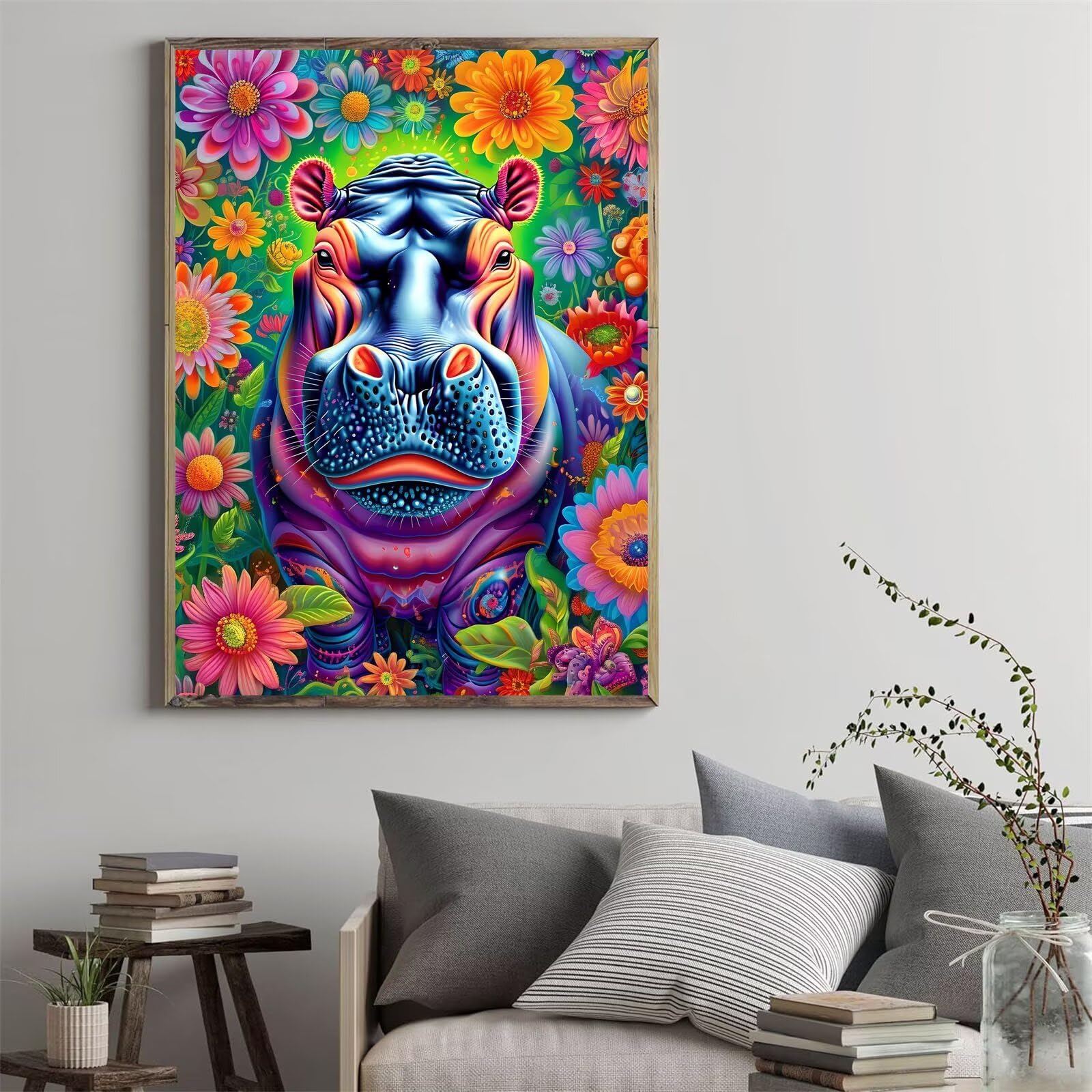 Malen Nach Zahlen Blume Nilpferd Malen nach Zahlen Erwachsene, DIY kinder Öl Leinwand Gemälde Set für Anfänger,bringen Mit 3-Pinseln und Senior Acrylfarben Malen,(Ohne Rahmen) Home Deko 80x100cm q-704