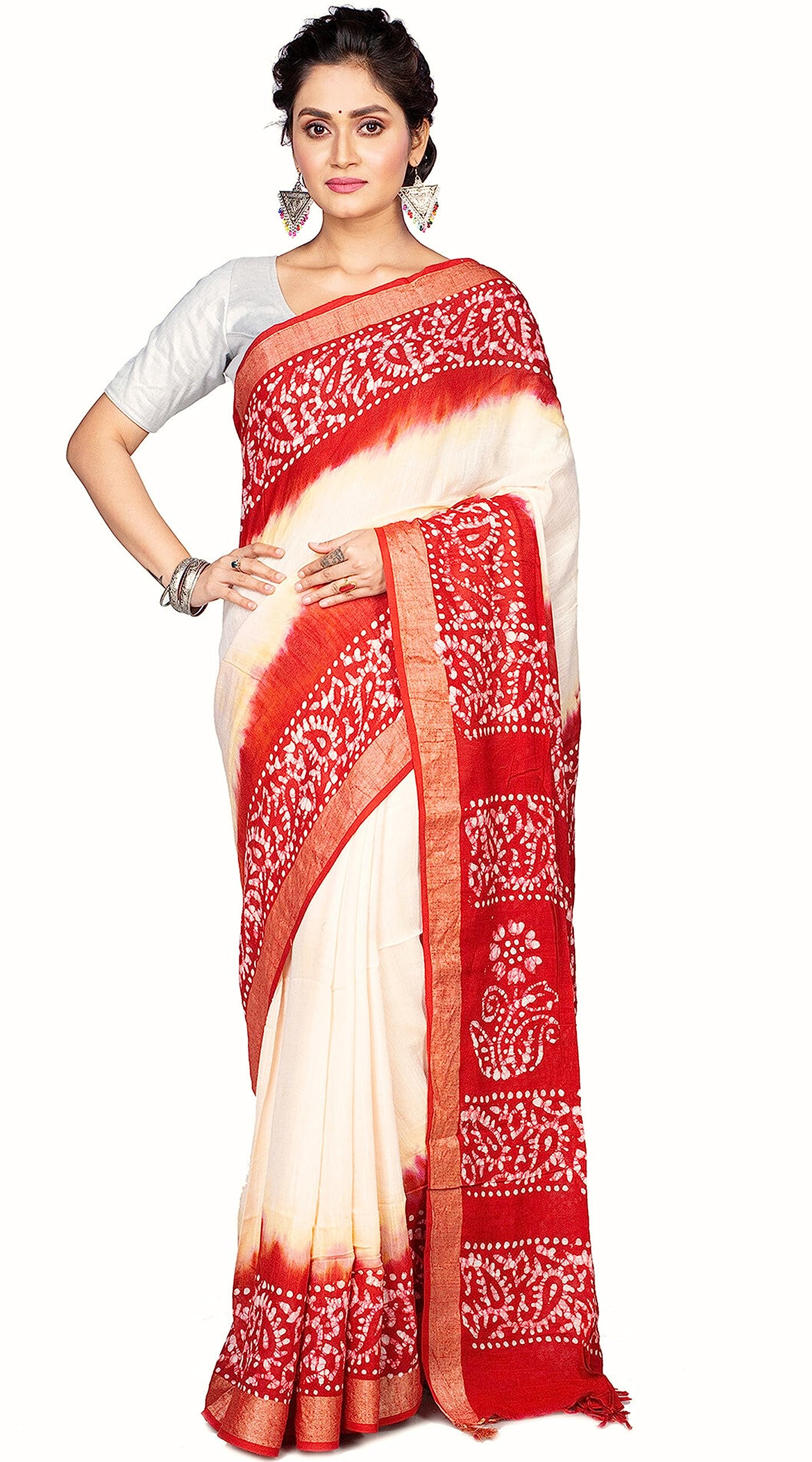 t.j. sarees Women Handloom Pure Cotton Linen Batik Sarees For Women Bhagalpur Cotton Linen Saree With Blouse Piece (Red And White)-picture-28