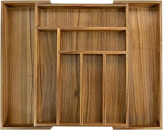 Luxury Acacia Kitchen Drawer Organizer - Silverware Organizer - Utensil Holder and Cutlery Tray with Grooved Drawer Dividers for Flatware and Kitchen Utensils (8 Slot)