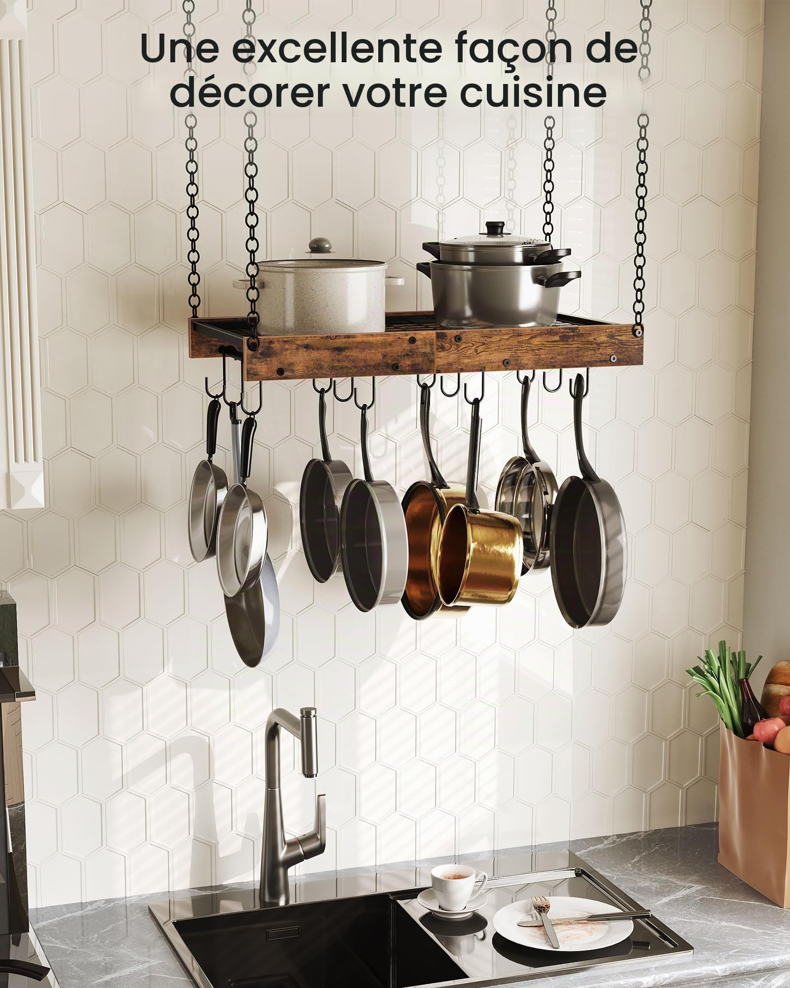 CHOEZON Porte-casseroles Suspendu 61 cm, Support à Poêle Suspendu au Plafond, Étagère de Cuisine, 12 Crochets, Rangement des Ustensiles, Gain de Place, Noir et Marron Rustique DTPR01BF