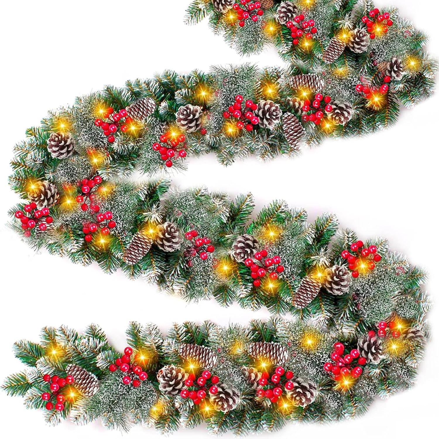 9 Ft Prelit Christmas Garland with Lights 8 Modes Timer 270 Branchs Cedar Snowy Bristle 70 Berry 10 Pinecone Waterproof Battery Operated Christmas Decoration Indoor Outdoor Holiday Decor Mantle Stairs