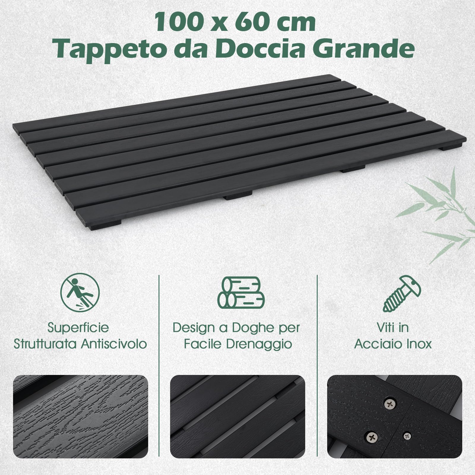 COSTWAY Pedana Doccia in WPC Antiscivolo 100 x 60 cm, Pedana da Bagno Finitura Effetto Legno, Tappetino da Doccia Rettangolare per Vasca e Piscina, da Interno ed Esterno, Nero