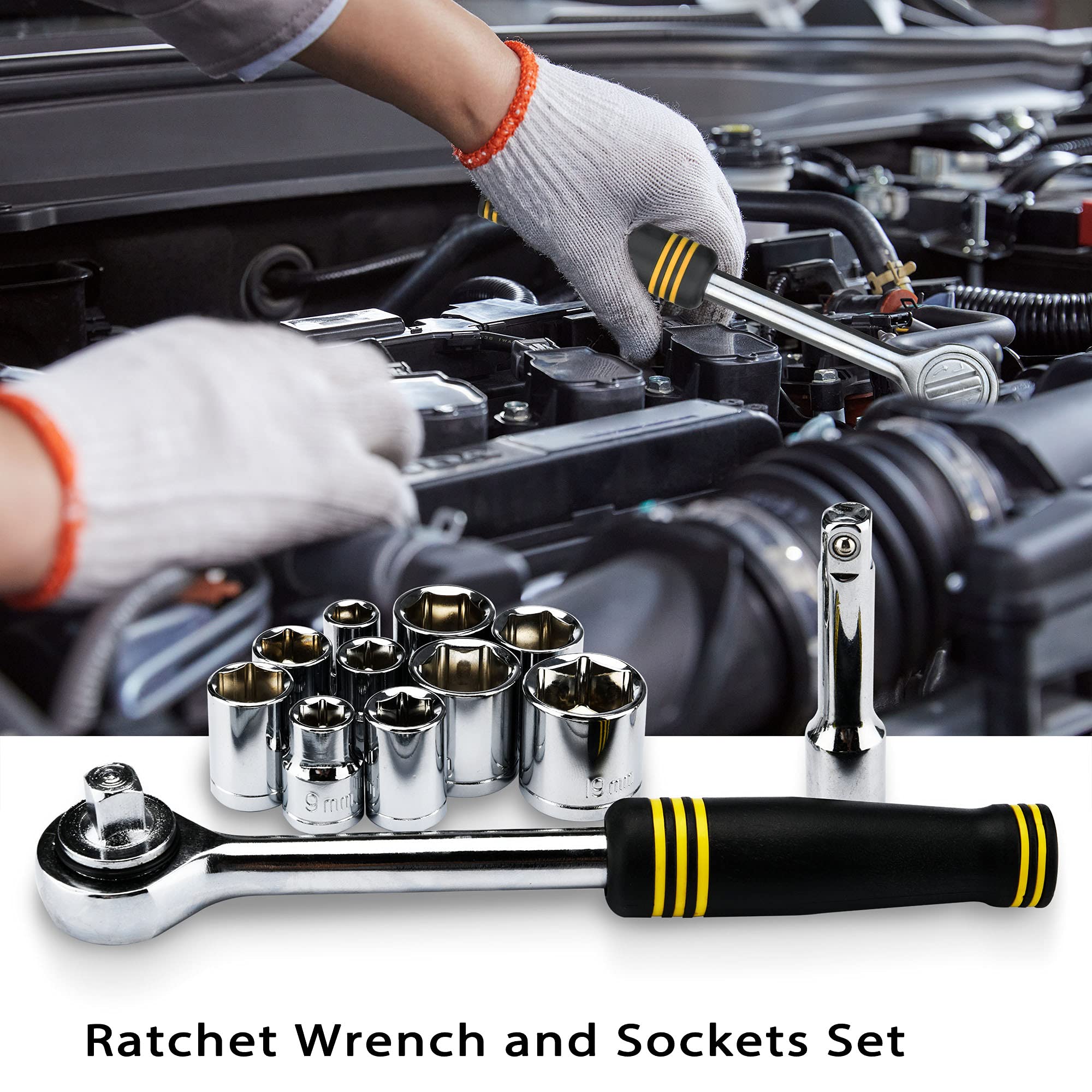 DOWELL Set di attrezzi da 61 pezzi, Kit meccanico, Set di chiavi a bussola, Per riparazioni auto e domestiche, Utensili manuali con scatola portautensili di stoccaggio in plastica