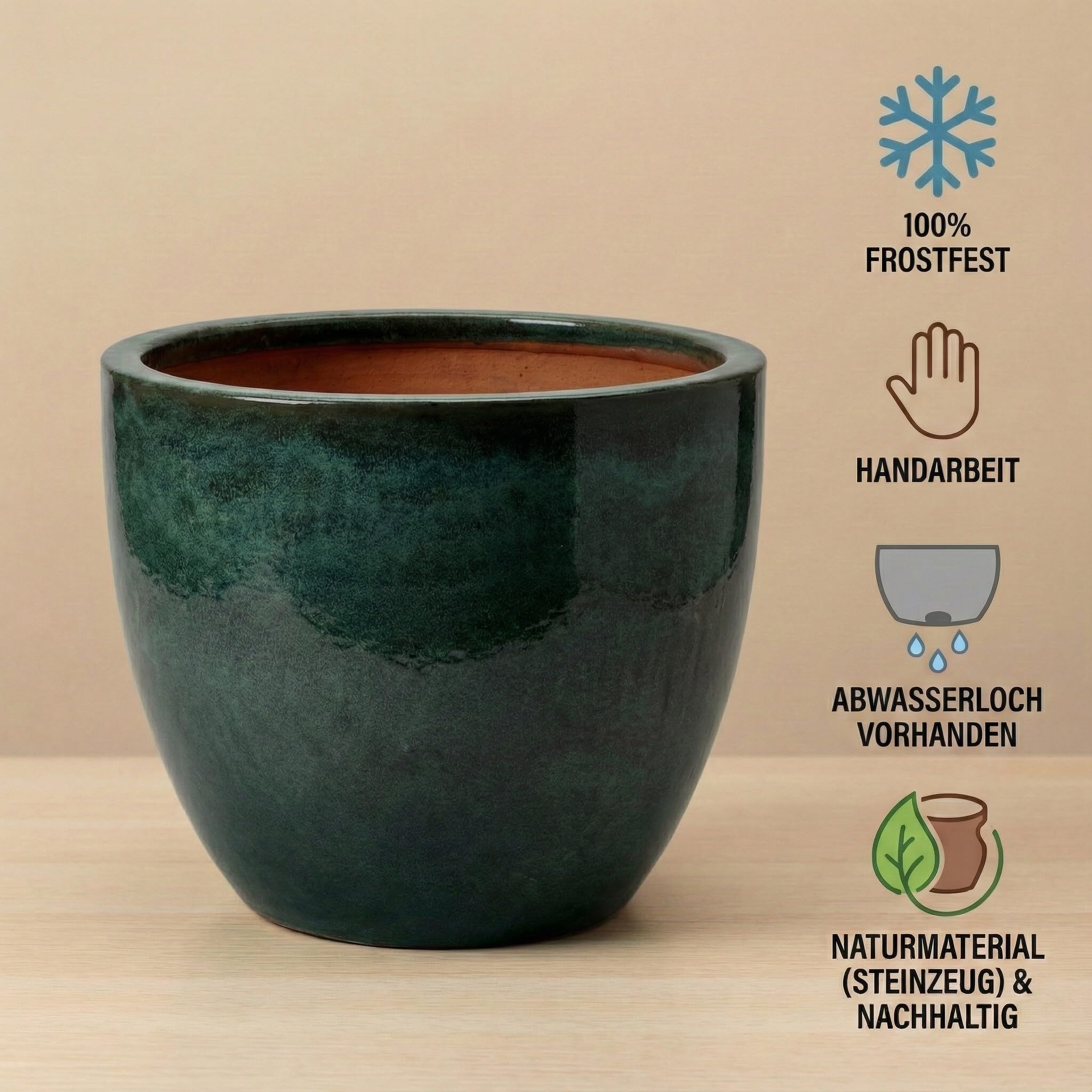 Teramico Premium Vaso per Piante in Ceramica Smaltata – 100% Resistente al Gelo & Fatto a Mano. Vaso per Fiori con Foro per Esterni & Interni. Vaso Unico di Alta Qualità, Resistente all'Inverno (Verde