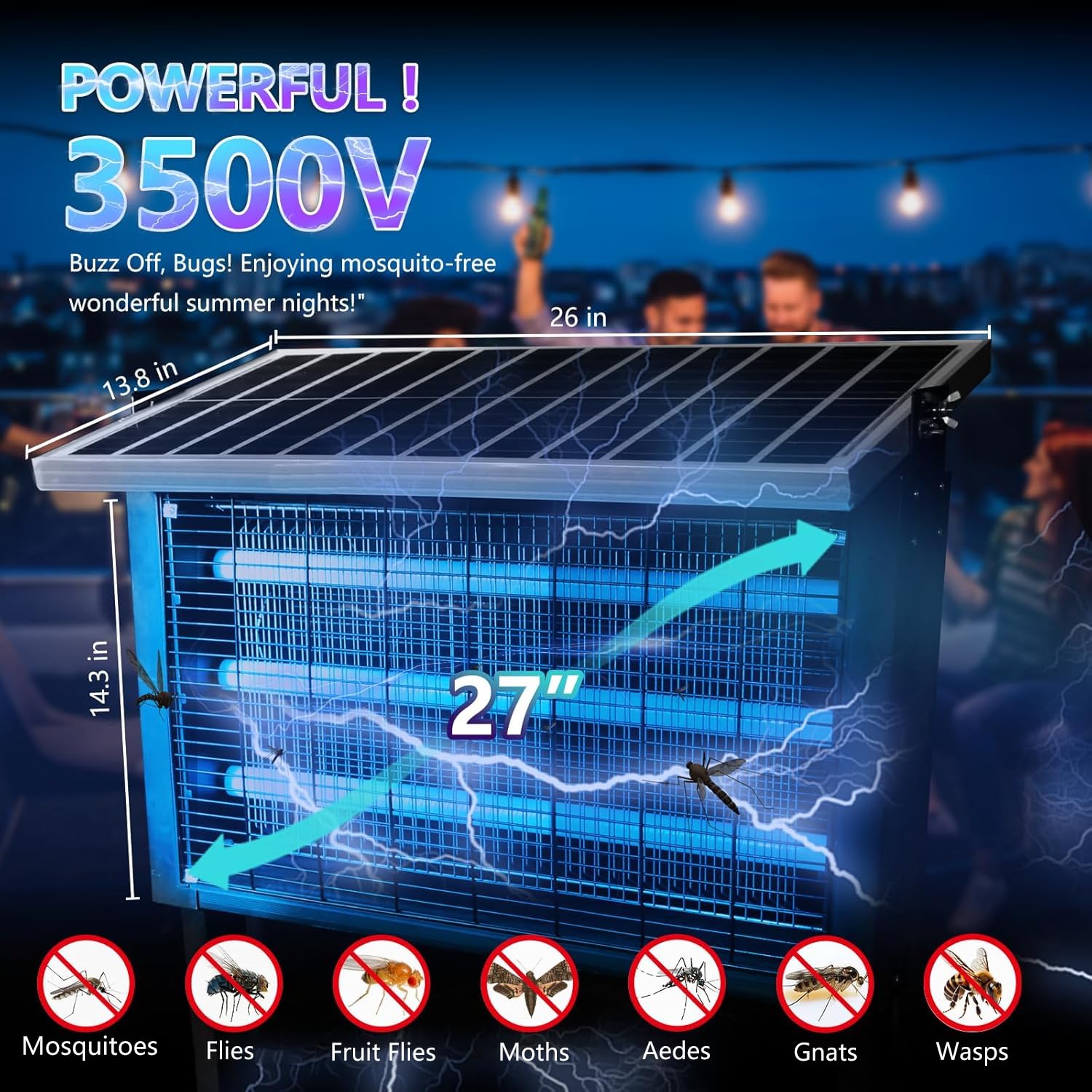Leistungsstarker großer Solar-Insektenvernichter für den Außenbereich, für 6000 m², poartable wiederaufladbare Mückenzapper mit leistungsstarkem, kabellosem Solar-Fliegenvernichter für Terrasse,