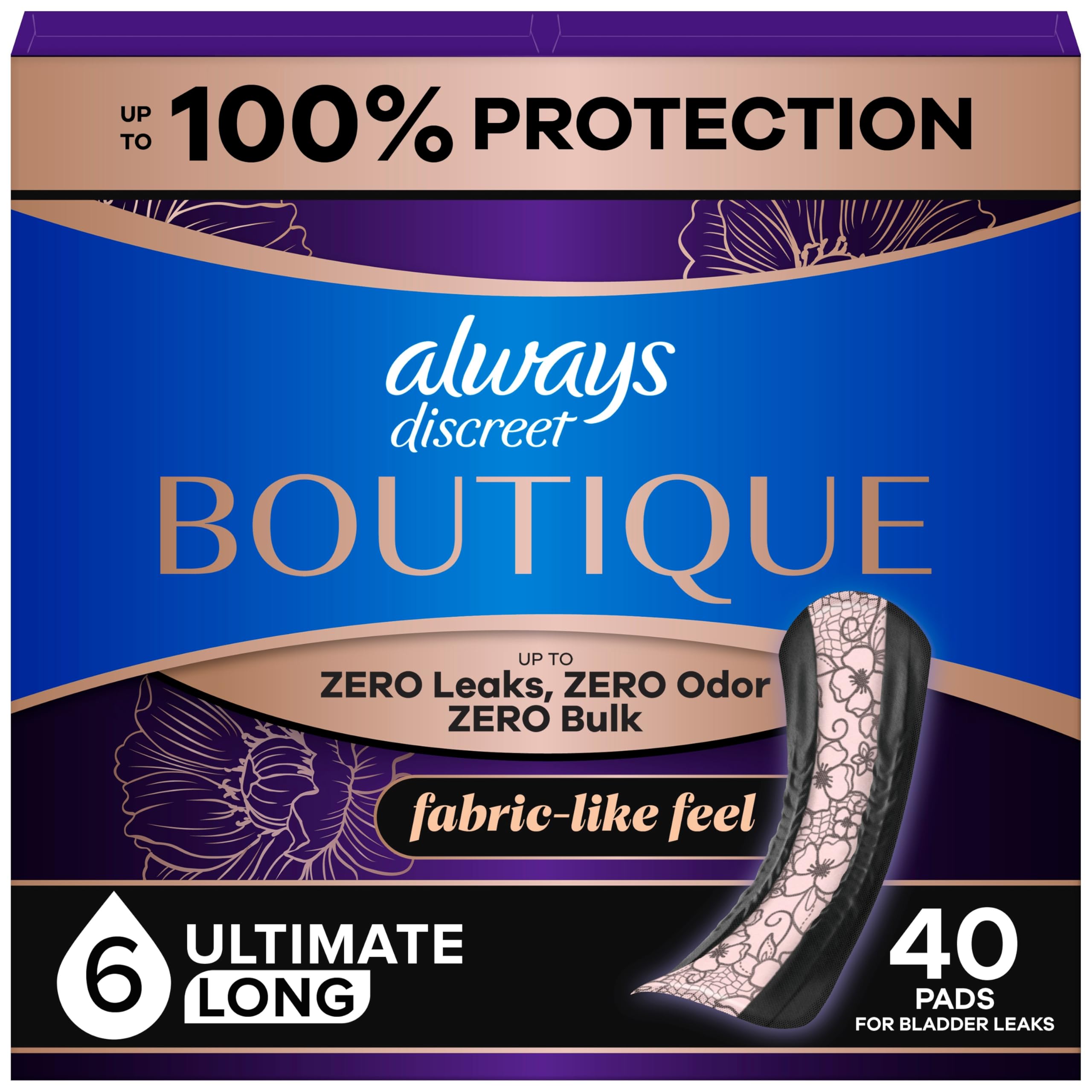 Always Discreet Boutique, Incontinenza & Postpartum Pads per donna, taglia 6, extra pesante, lunga lunghezza, 20 pezzi (confezione da 2)