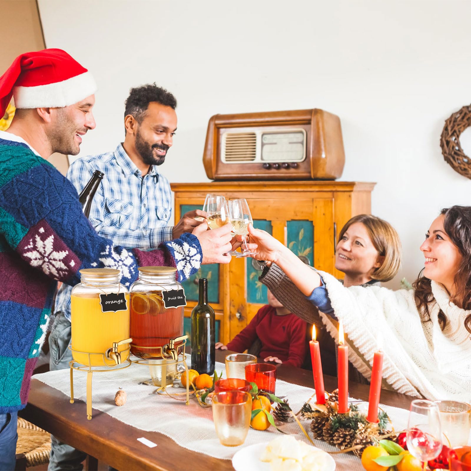 Getränkespender aus Glas mit Ständer, 2 Stück Getränkespender für Partys, Getränkespender mit Bambusdeckel und Edelstahl-Zapfhahn, auslaufsicher, Verwendung auf Sonnentee, Saft, Limonadenspender