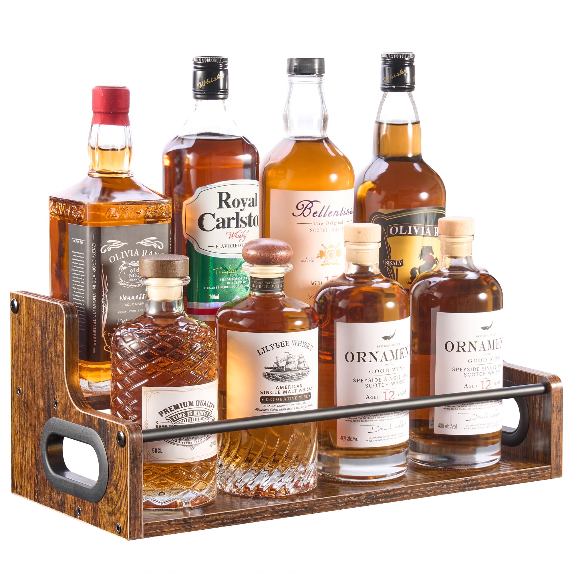 YQBRAO 2-Tier Liquor Bottle Display Shelf, 16-Inch, Rustic Brown