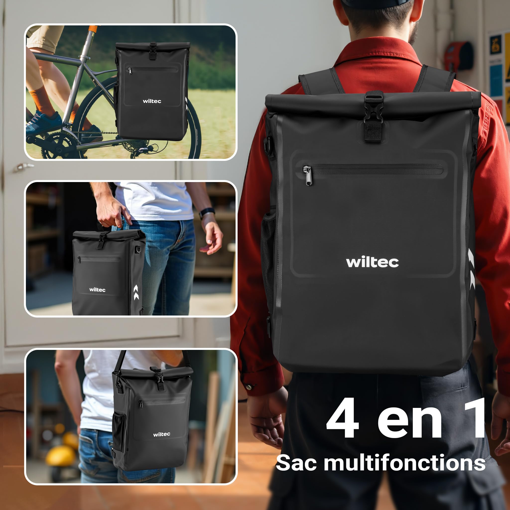 Wiltec Sacoche sac à dos étanche pour porte-bagages noire – capacité de 25 L – en 500D PVC – avec compartiment pour ordinateur portable – pour vélos et vélos électriques – Sac de bicyclette – Cyclisme