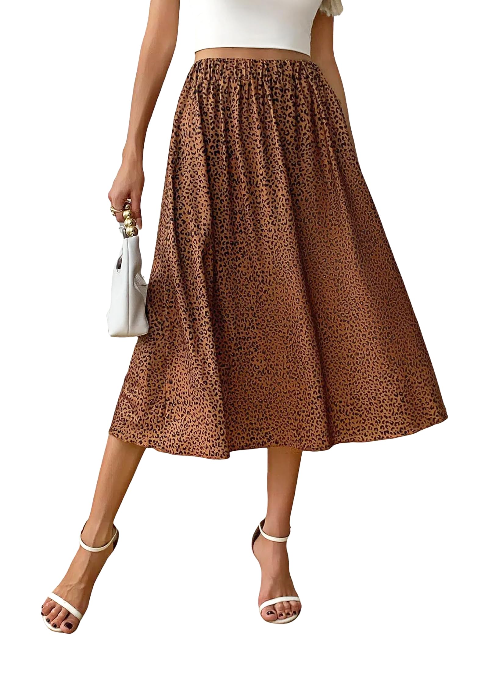Womens Leopard Print Midi Skirt Elastic High Waisted Flowy Pleated Flared A Line Summer Skirt