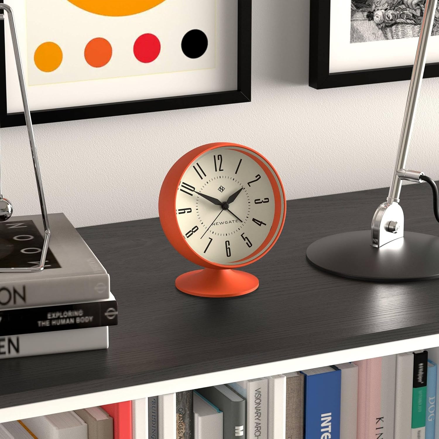 NEWGATE® Spheric Alarm Clock | Iconic Dome Retro Design | Orange Soft Rubberised Finish | Ideal for Bedside, Desk or Shelf | Mid-Century Bedroom & Office Accessory