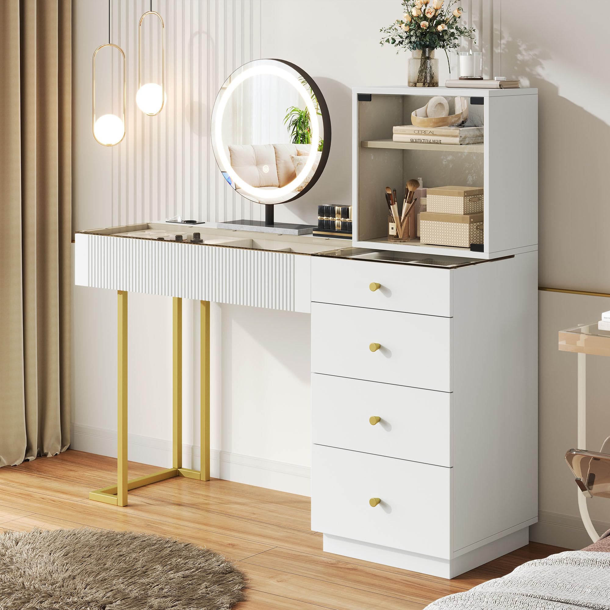 Kebnor Schminktisch-Set mit LED-Beleuchtungsspiegel, klarer gehärteter Glasplatte, 5 Schubladen und 1 Schrank; weiß, Maße: B120 x T40 x H120 cm