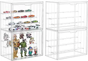Display Case for Collectibles 4 Layer Updated Adjustable Acrylic Display Case with Magnetic Door Clear Stackable Display Box Hobby Display Cases for Figures, 4 Pack