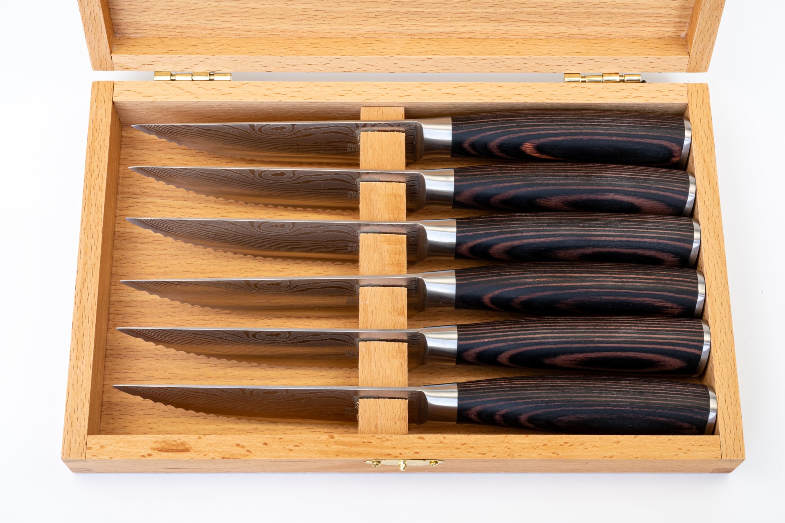 Set de 6 couteaux à steak, couteaux de chef professionnels, manche ergonomique en bois, lame dentelée, idée cadeau avec boîte en bois pour rangement