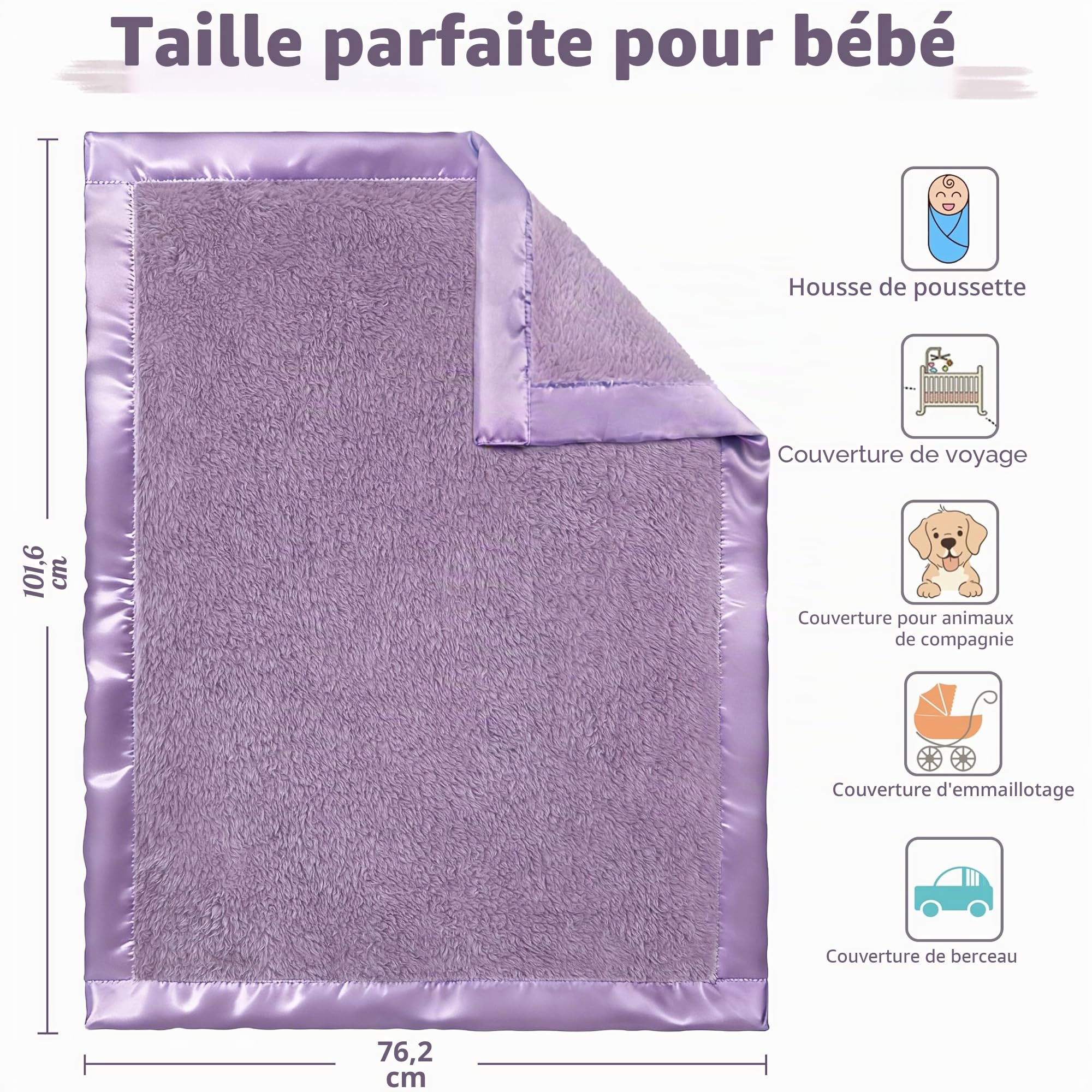 Pro Goleem Couverture polaire pour bébé avec bordure en satin de 5,1 cm, couverture en peluche douce pour garçons et filles pour bébés, violet, 76,2 x 101,6 cm