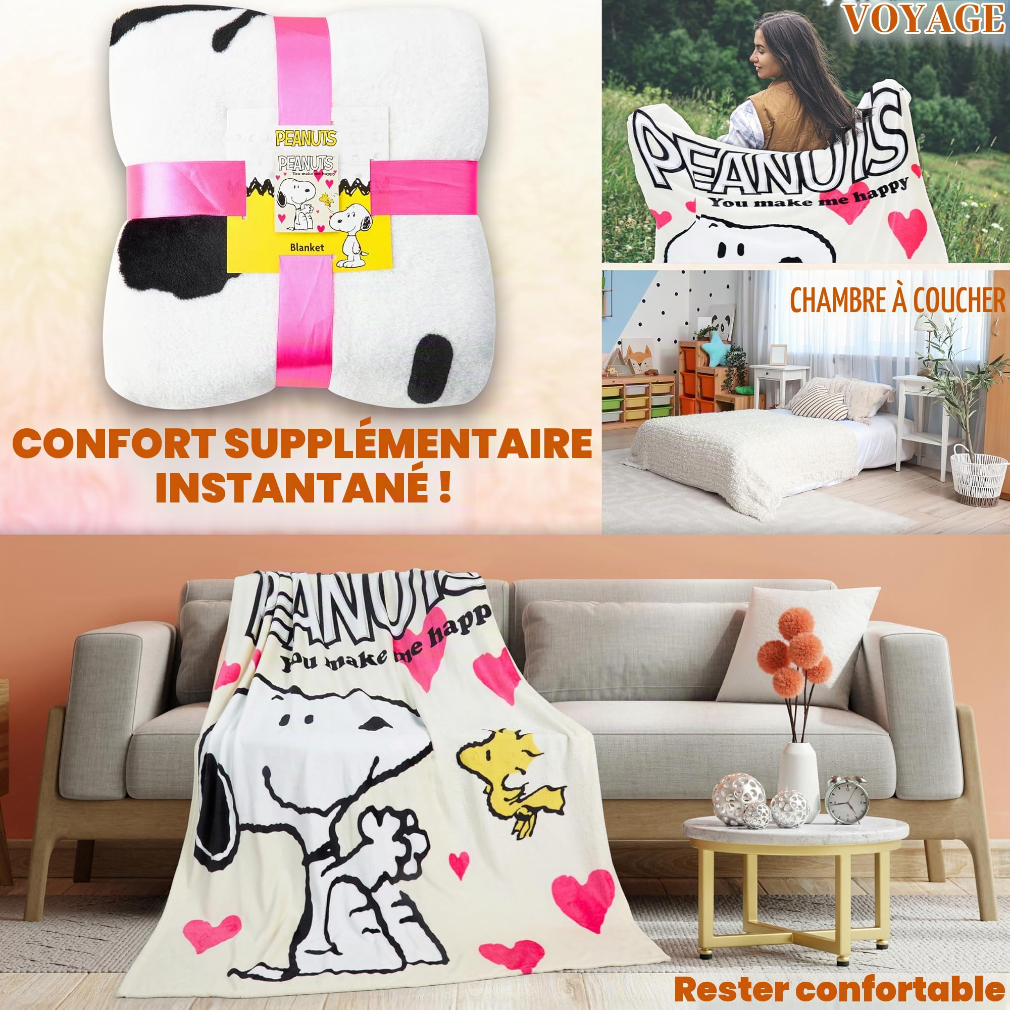 Peanuts Snoopy Couverture Polaire Enfant Adulte Plaid Lit 150x130 cm Ultra Doux et Moelleux Décoration Chambre Idée Cadeau Femme Fille et Ado