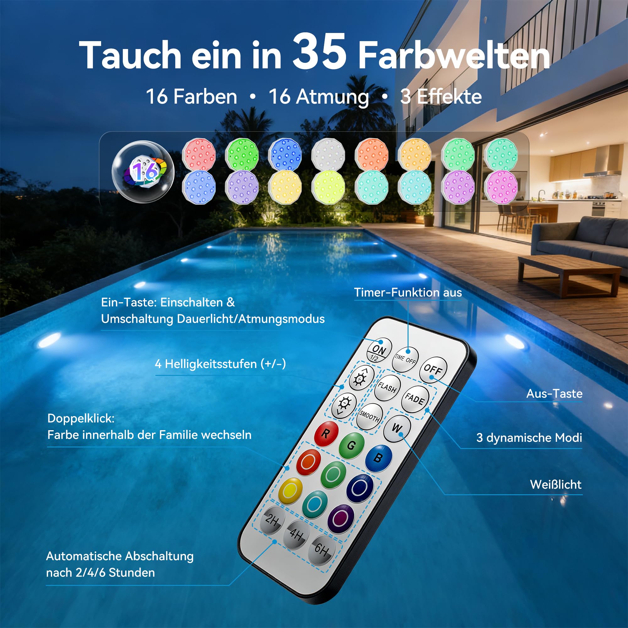 Ollny LED Poolbeleuchtung RGB Magnetic, Wiederaufladbar Unterwasser Pool Licht, Schwimmende Pool zubehör für Schwimmbad, Brunnen, Teich, Aquarium, Party Deko, 2 Stück