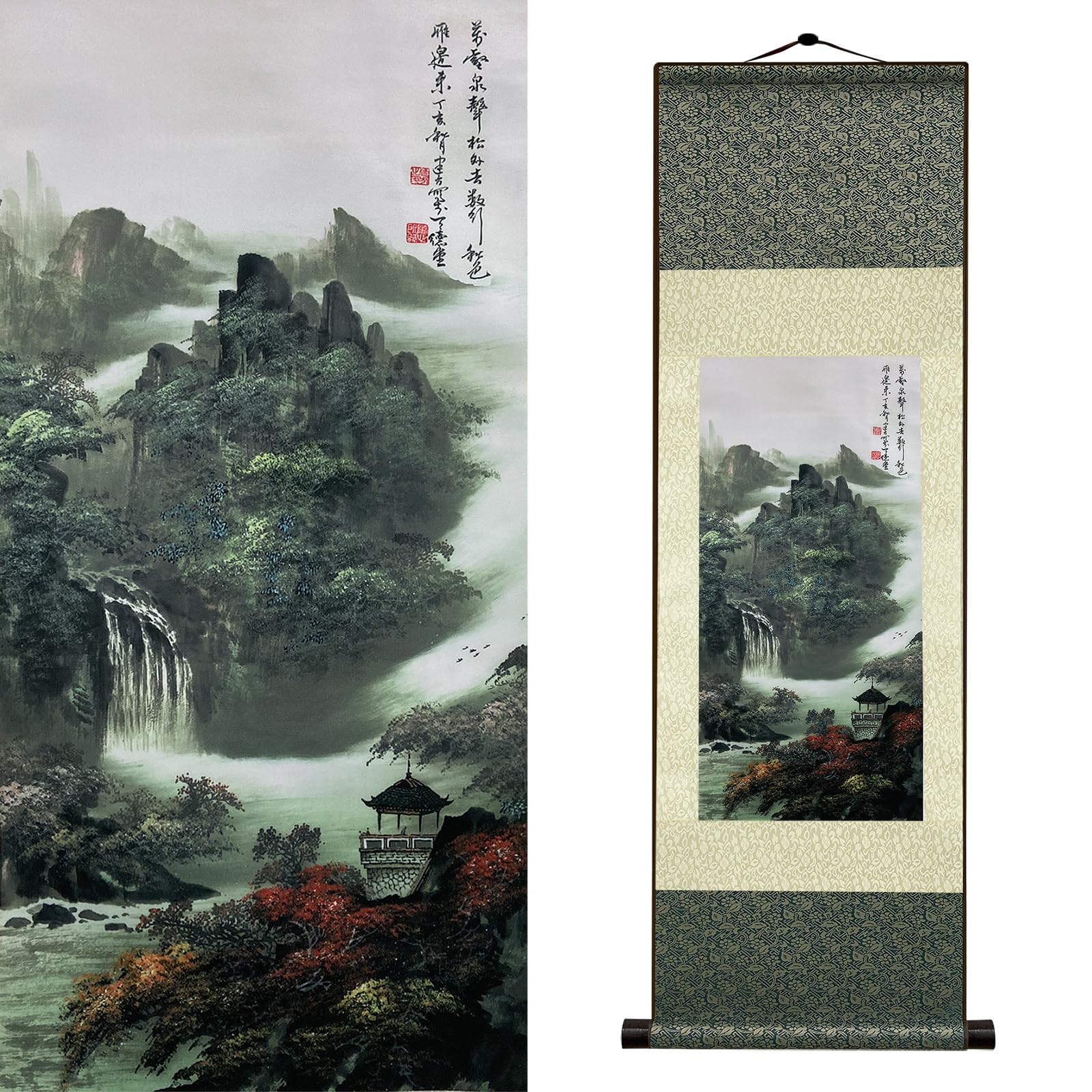 Newscz Bedroom Wall Art Silk Scroll Natural Scenery Wall Painting Waterfall River Landscape Posters Wall Tapestry Asian Art House Decoration for Home Living Room Lounge Decor 36 by 12 in(HJ-J001)