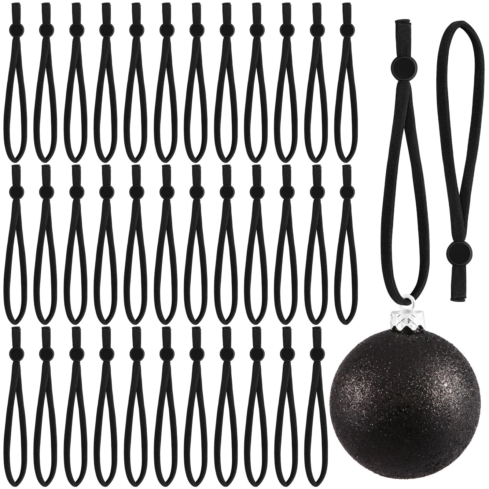 JUNEBRUSHS 150Pcs Ornament Anchors for Christmas Tree, Adjustable Ornament Ribbon Hangers Christmas Ties Ornament String Ribbon Loops for Ornament Hanging Tree Decorations, Black