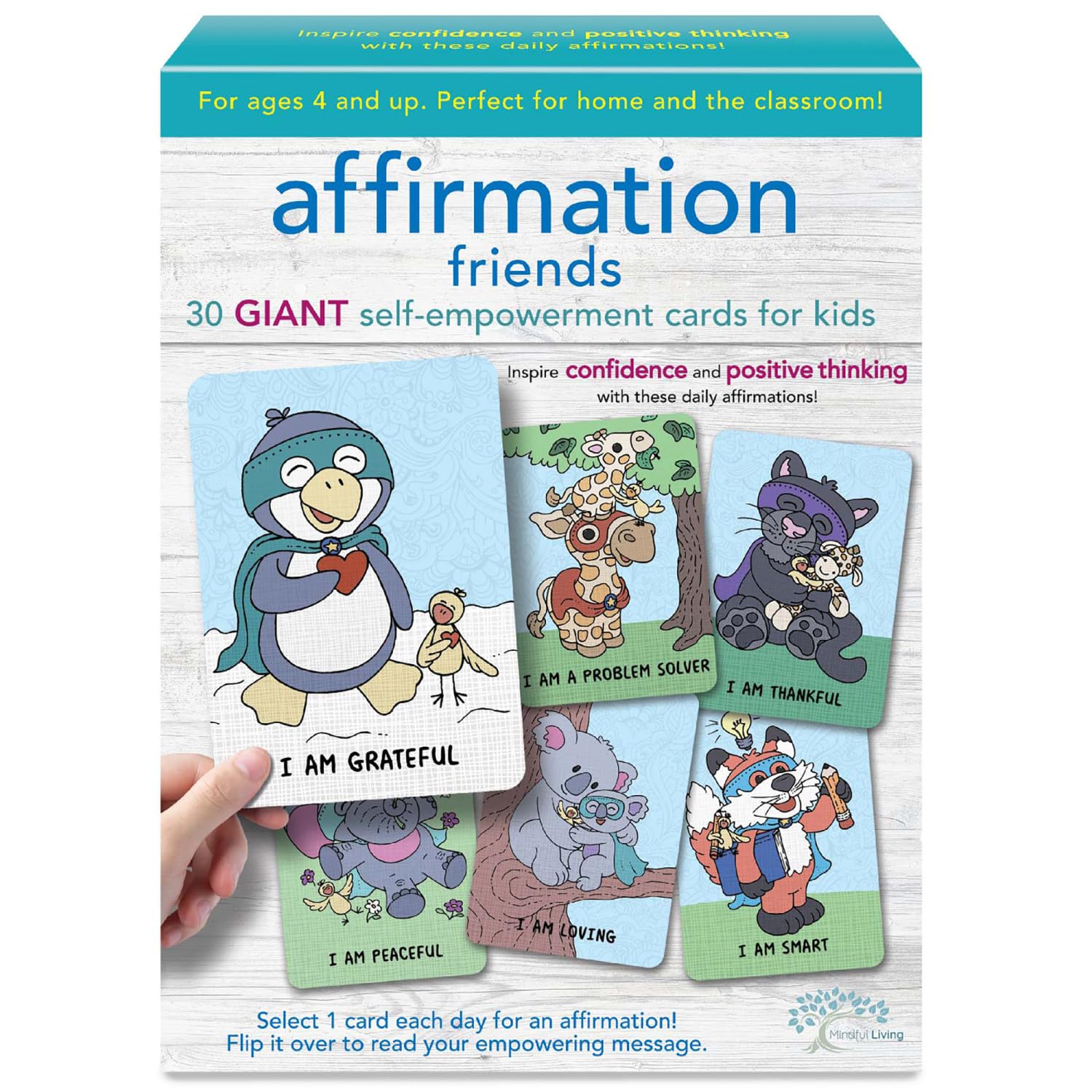 Ambassador Games: Mindful Living - Affirmation Friends Cards - Daily Inspirational Messages, 30 Giant Self-Empowerment Cards, Animal Themed, Kids 4+