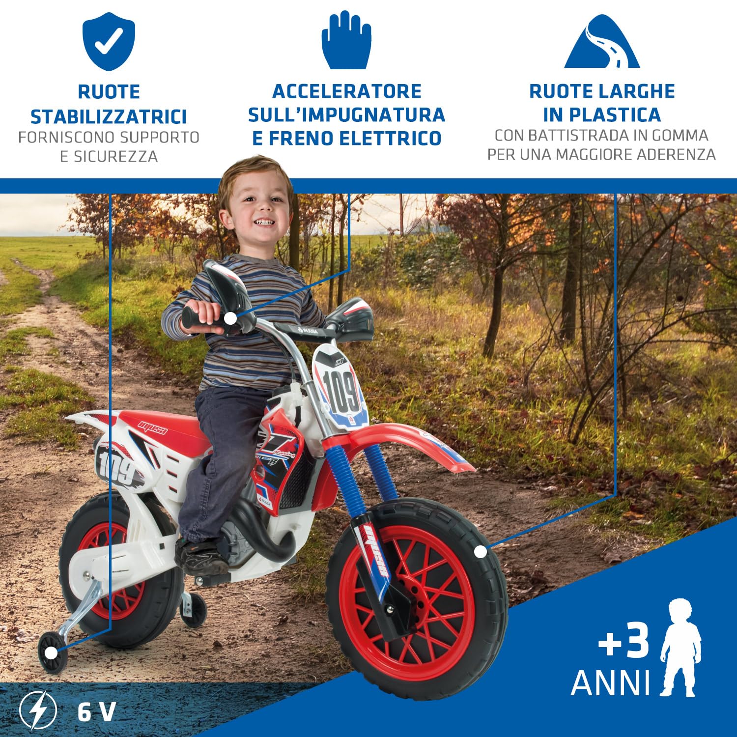 Moto Elettrica Bambini 3 4 5 6 Anni Cross CR 6V Bianca con Acceleratore + Freno Elettrico + Ruote con Fascia in Gomma - Moto Cross Elettrica per Bambini Primi Passi Esterno | INJUSA