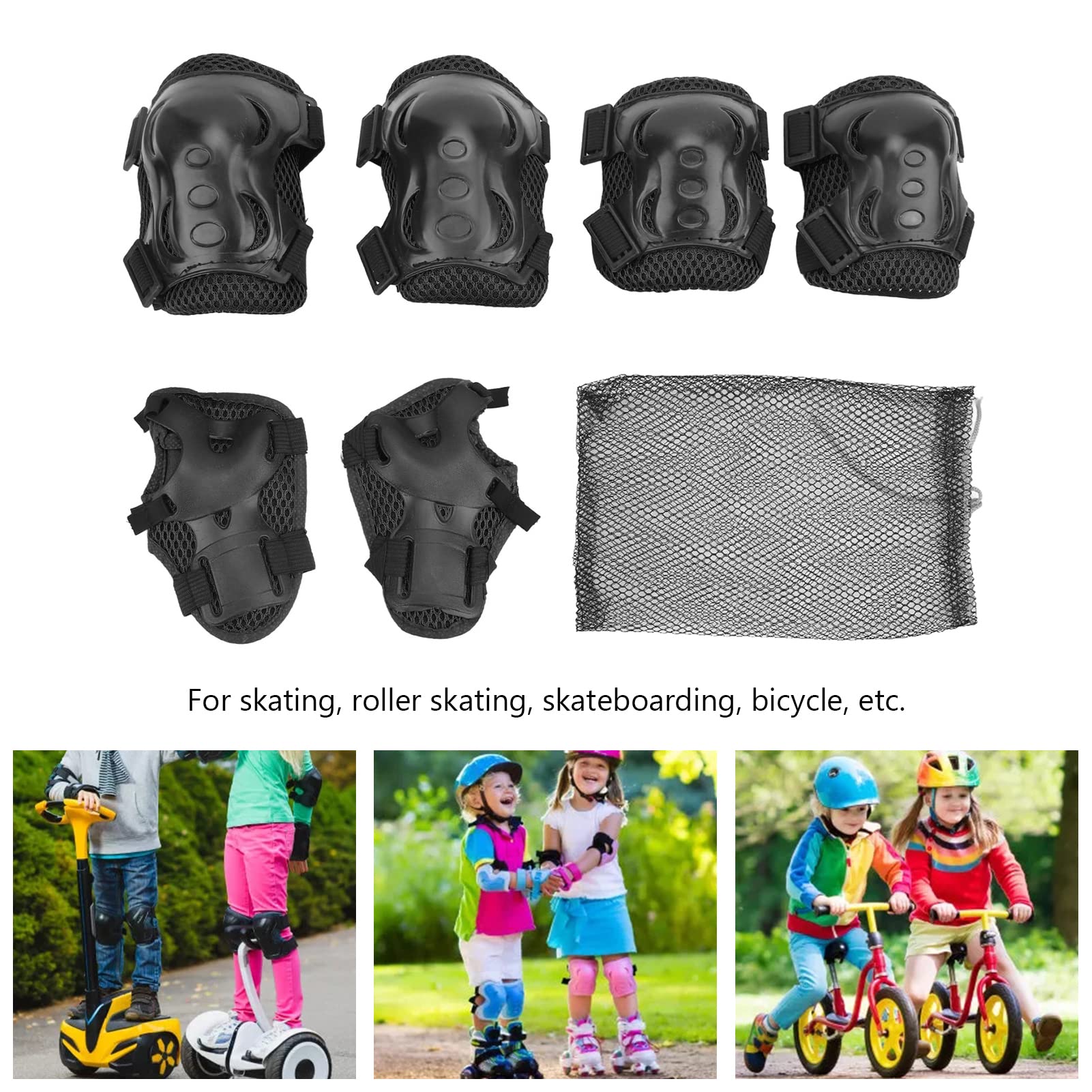 Gavigain 6Pcs Knee Pads for Kids Knee Elbow Pads, Youth Protective Pads Adjustable Roller Skating Protective Gear Knee Elbow Palm Guards for Roller Skating Bike Cycling Skateboard (Black)