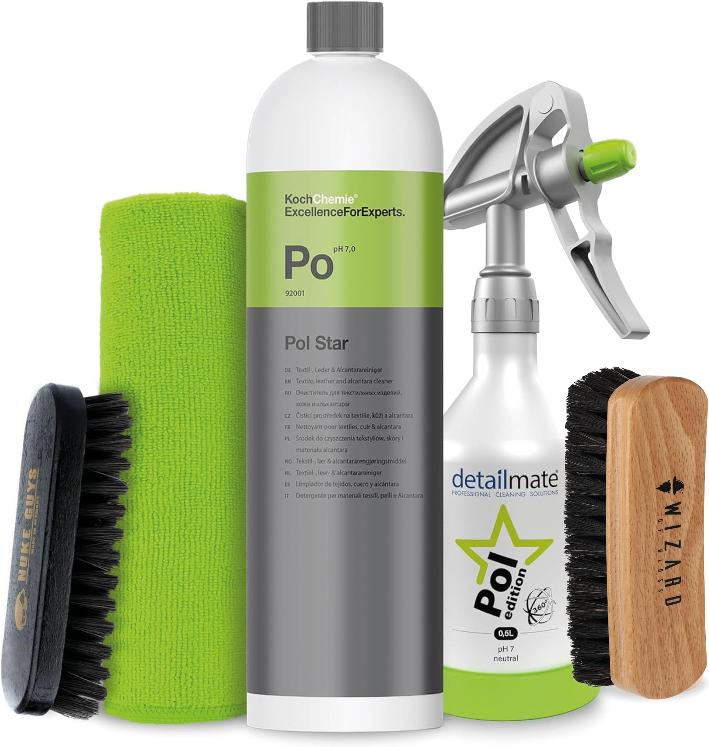 Kwazar Interior Cleaning Set - Koch Chemie POL Star - Textile, Leather & Alcantar Cleaner 1 L by Kwazar 360 Degree Spray Bottle 0.5 L, Cloth 40 x 40 cm - Soft Nylon Brush - Upholstery Brush