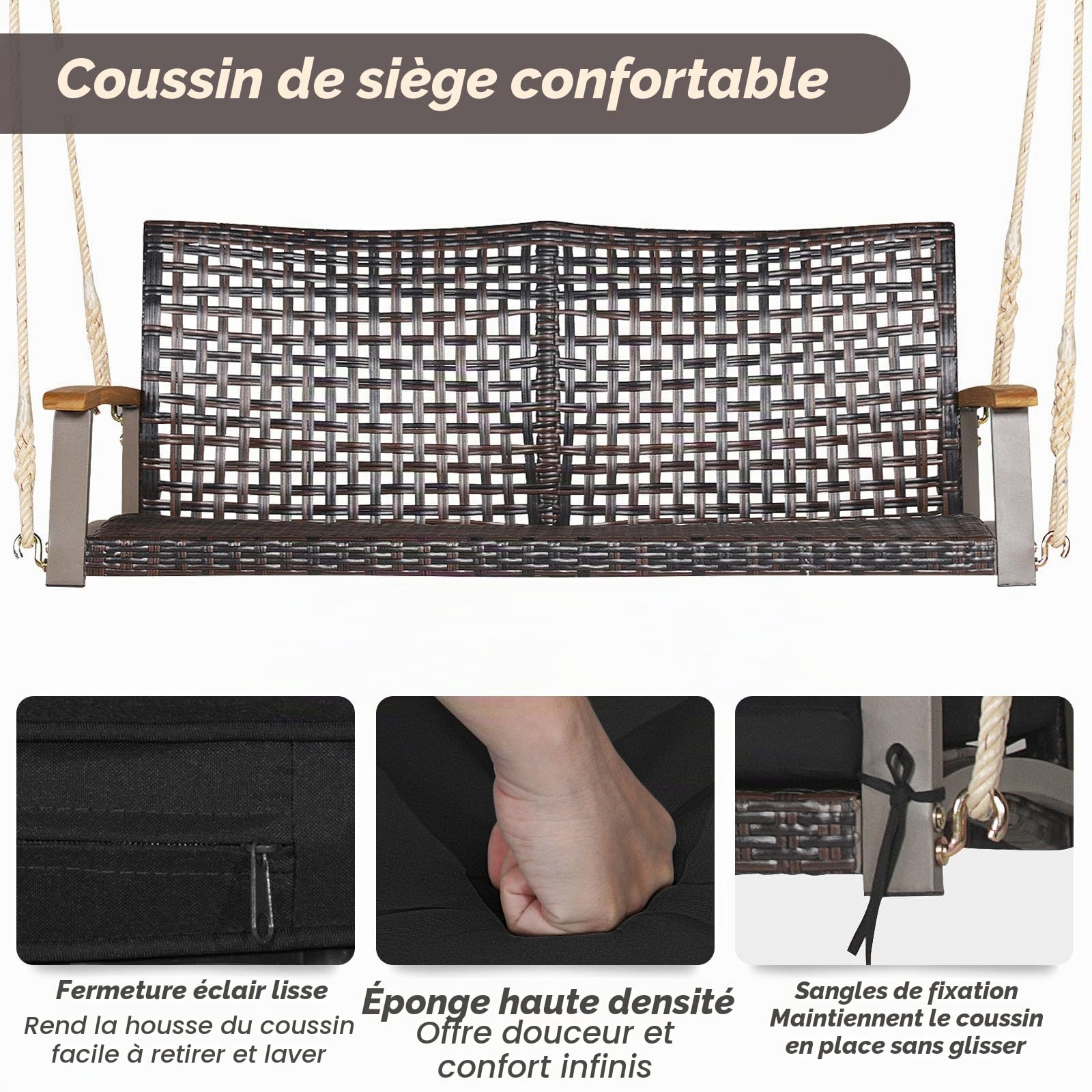LIFEZEAL Balançoire de Jardin Extérieure 2 Places, Balancelle Suspendue avec Coussin et Cordes, Dossier en Rotin PE & Accoudoirs en Bois, Charge 360 kg, Balcon, Terrasse, Porche (Noir)