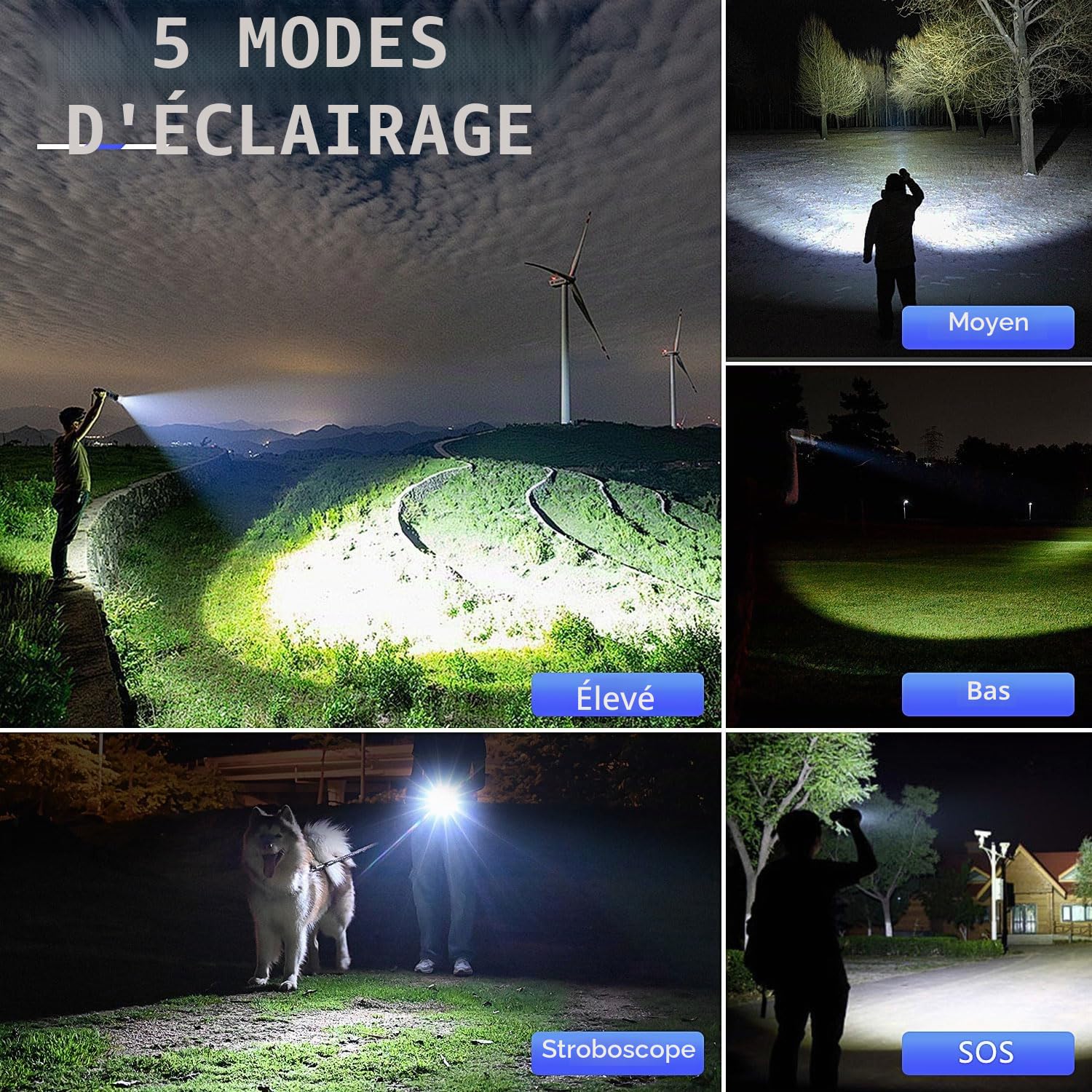 Lampe torche LED super lumineuse, rechargeable, 500 000 lumens, puissante lampe torche tactique avec écran LCD numérique, 5 modes, lampe torche à main haute puissance pour camping, cadeau