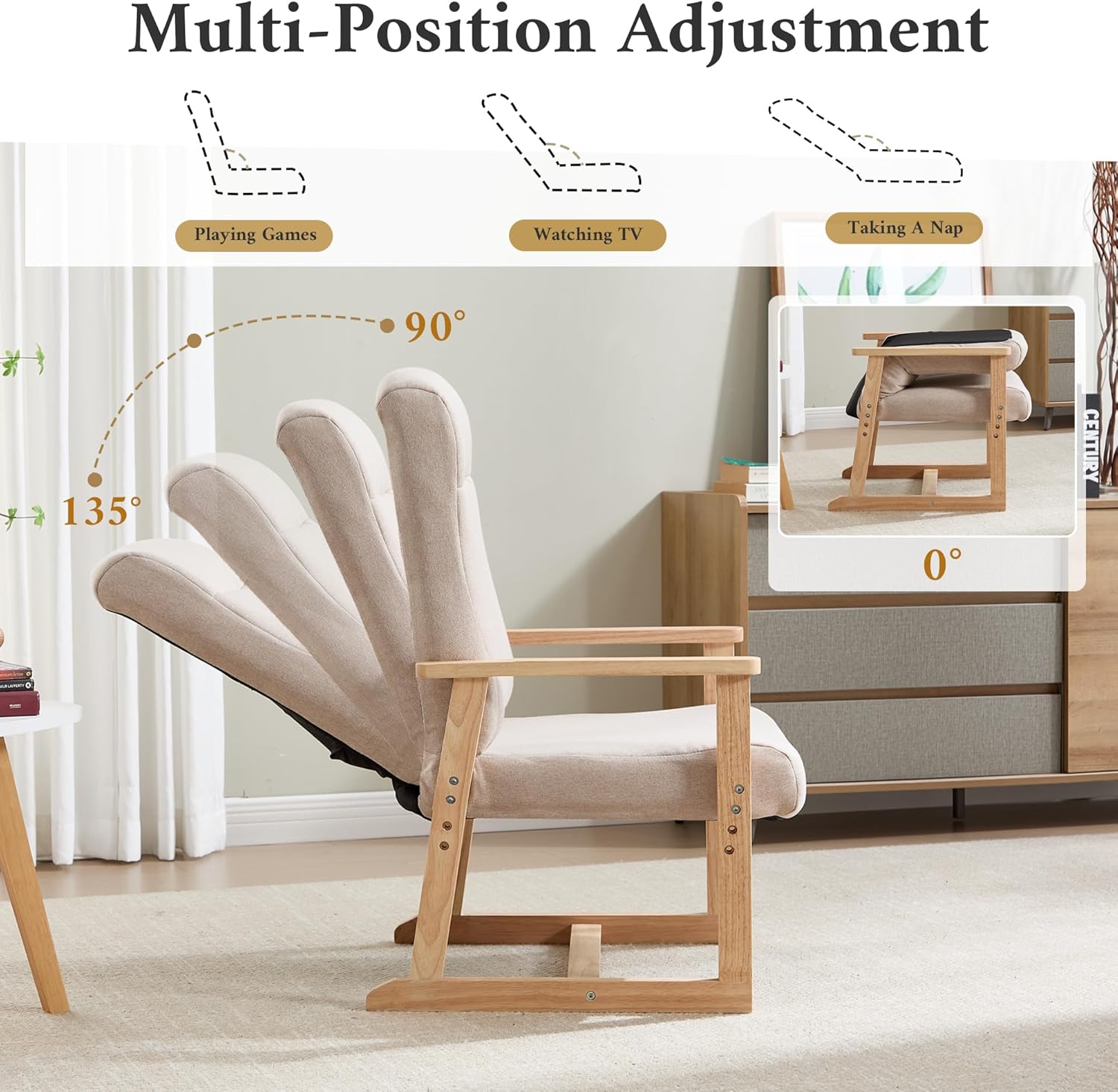 KCC Recliner Chair Adjustable Small Fabric Single Sofa with Ergonomic Back Support,Accent Chair for Living Room, Nursery, Bedroom, Beige, Set of 2