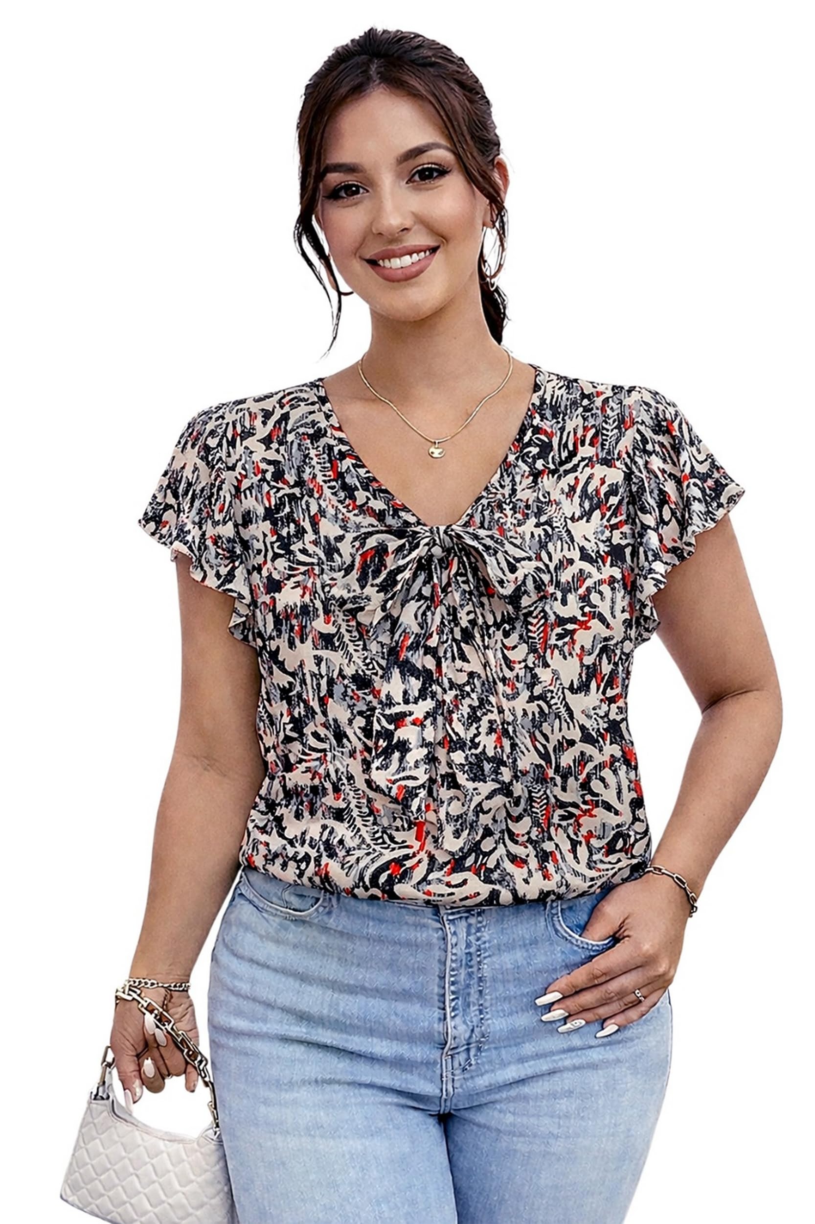 shopaholics world Women’s Floral Print V-Neck Top with Tie-Up Bow Detail and Ruffle Sleeves | Casual Summer Wear Stylish T Shirt for Women-picture-31
