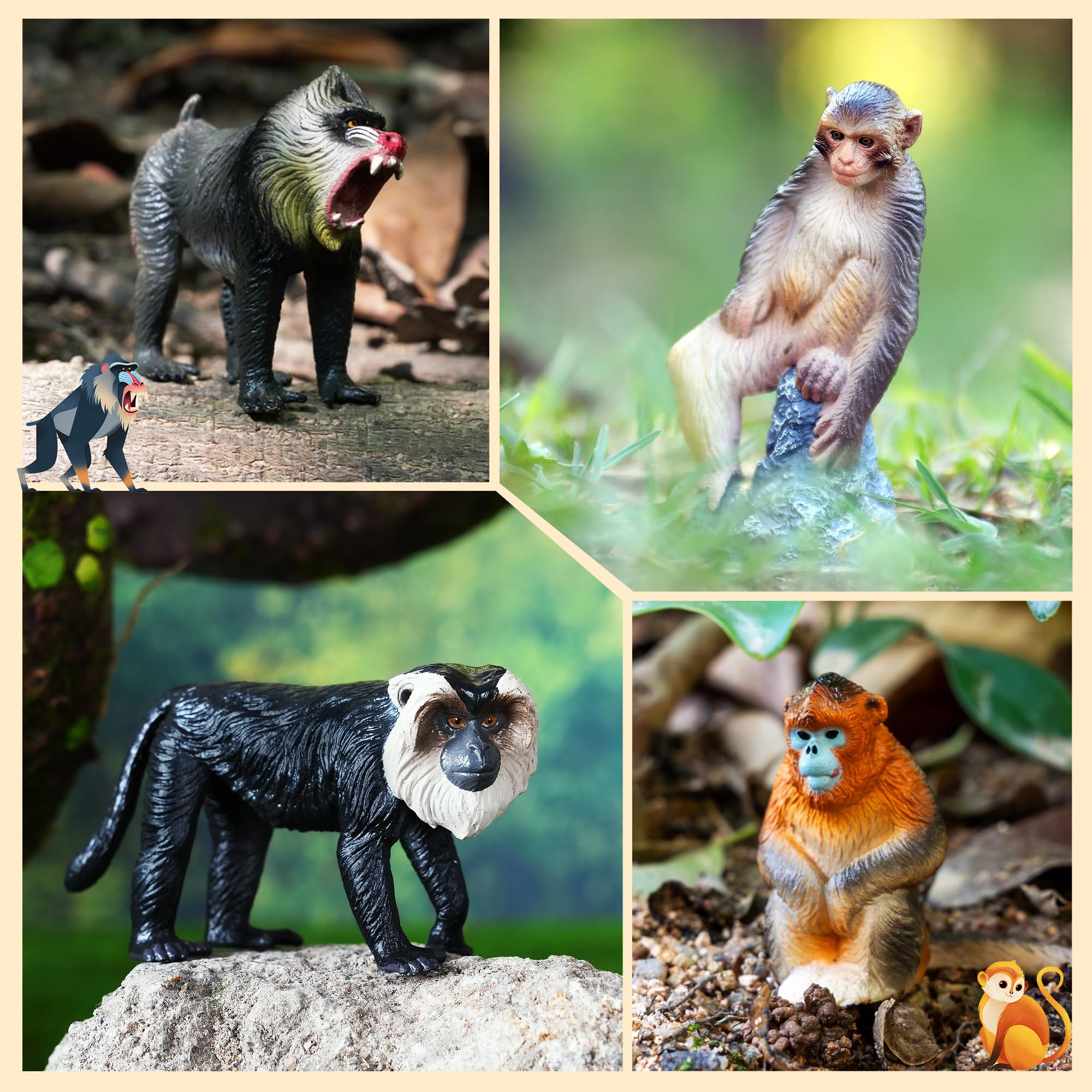 TOYMANY 15 sztuk małp - figurki zwierząt i drzewa, realistyczne figurki orangutanów, zwierząt z dżungli, w tym goryla, szympansów, zabawek edukacyjnych, prezent urodzinowy dla dzieci