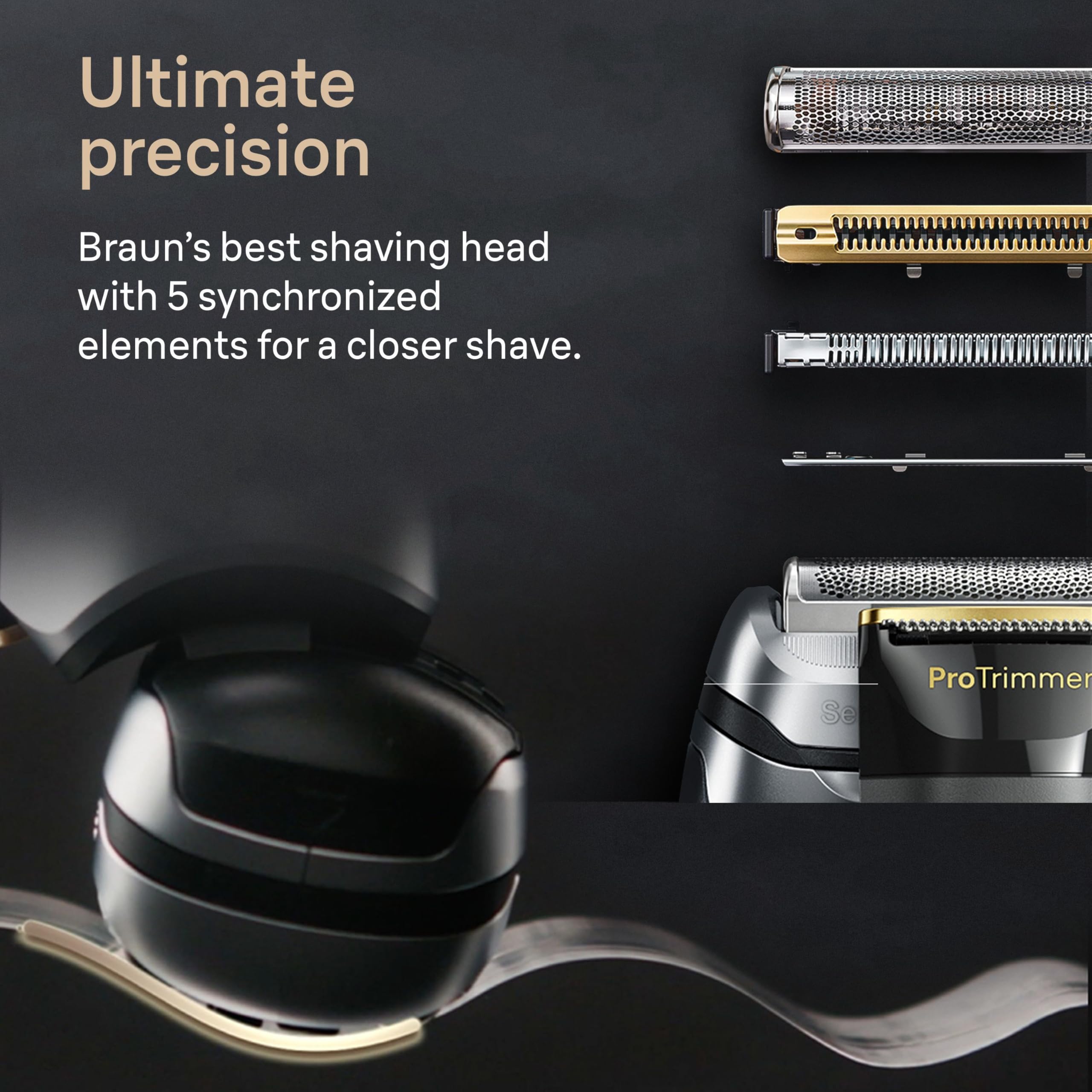 Braun Rasoir électrique Series 9 PRO+ pour homme, avec 5 éléments de rasage professionnels et tondeuse à cheveux longs de précision, support de charge, rasoir électrique humide et sec avec 60 minutes